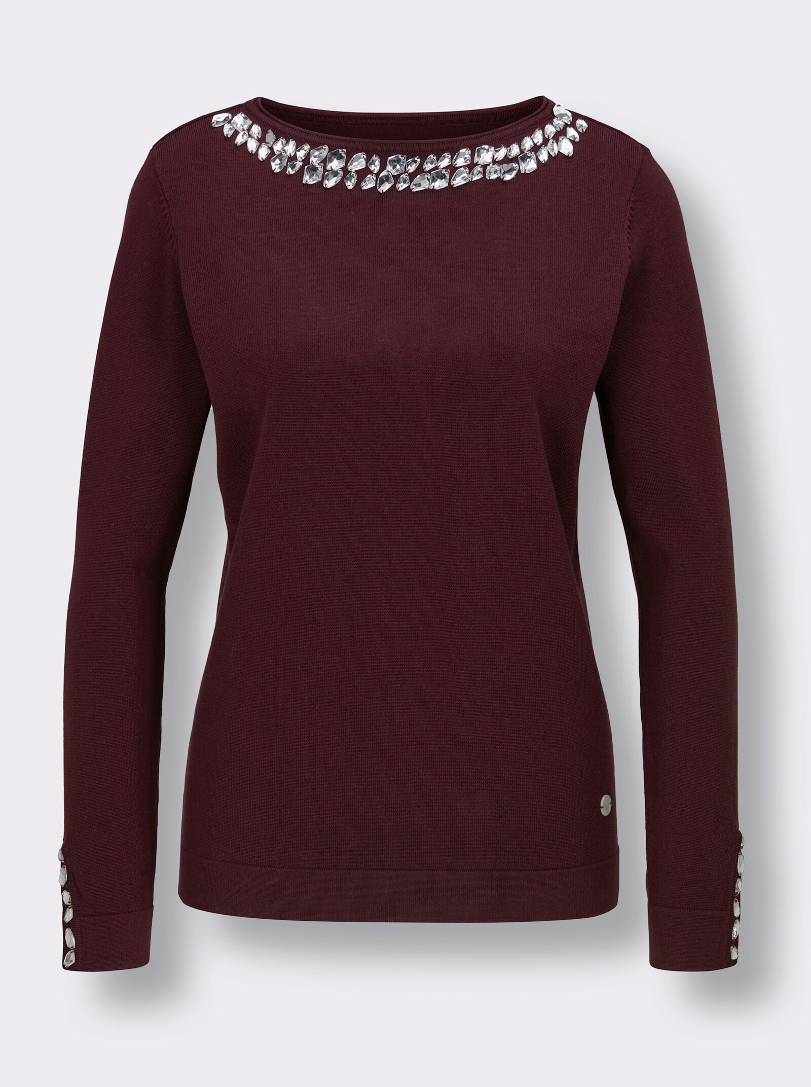 CREATION L PREMIUM Langarm-Pullover mit Strass-Applikationen - burgund