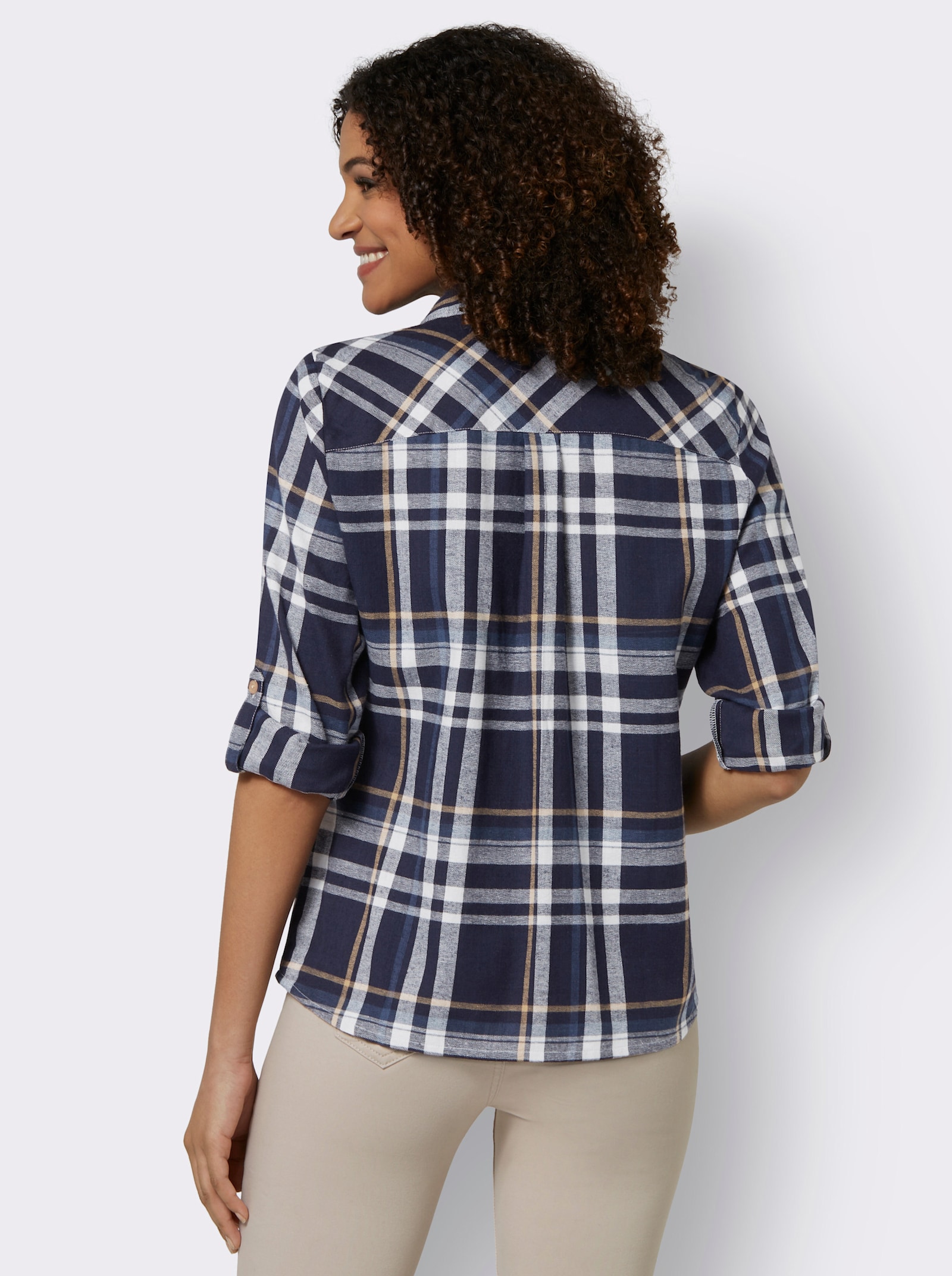 Flanellbluse mit krempelbaren Ärmeln - marine-camel-kariert
