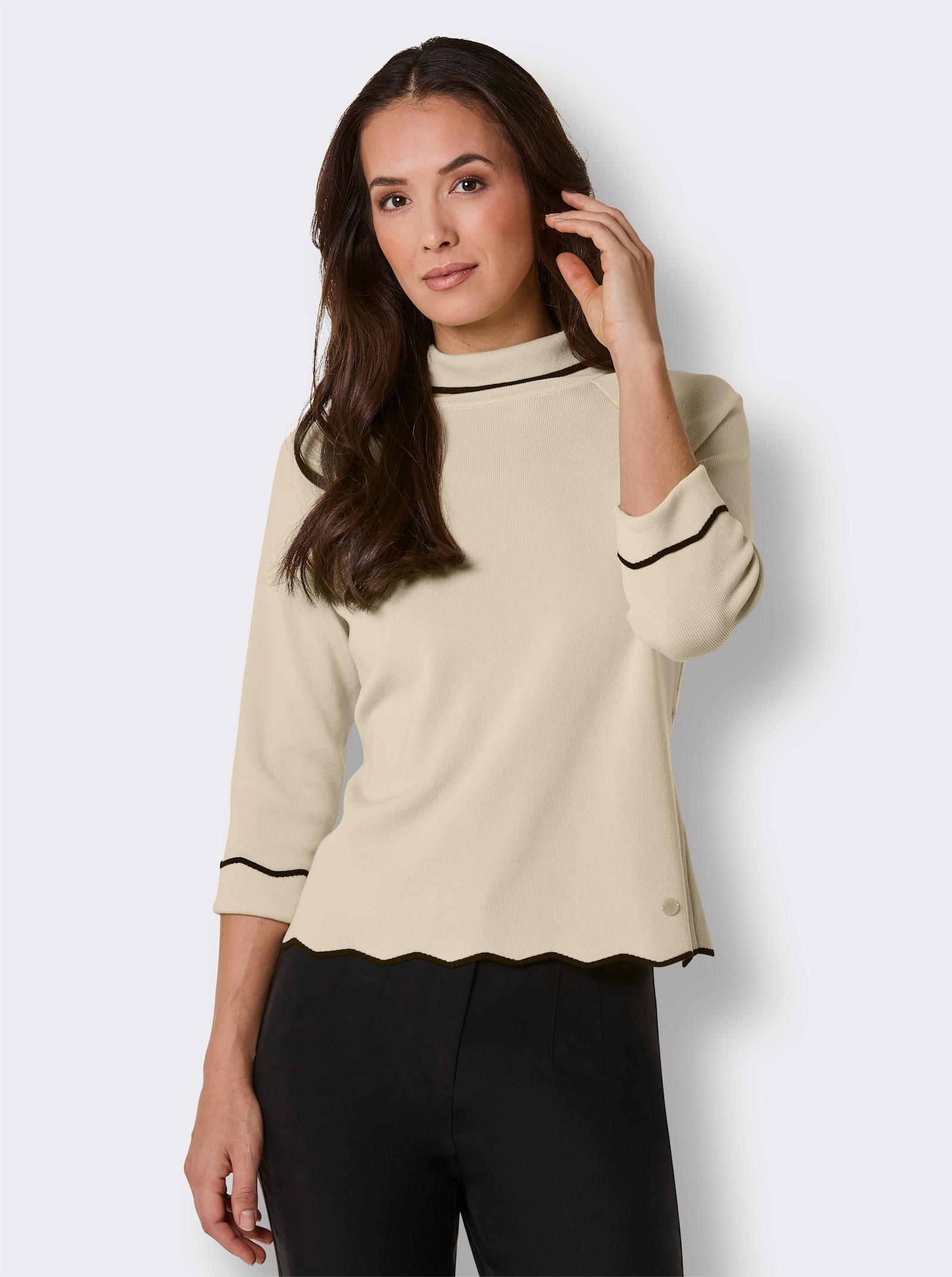 CREATION L PREMIUM Rollkragenpullover mit gewellte Abschlüssen - champagner-schwarz