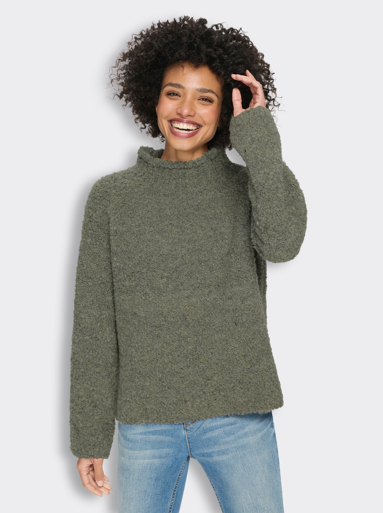 heine Strickpullover in Bouclé-Strick - khaki-schilf-meliert