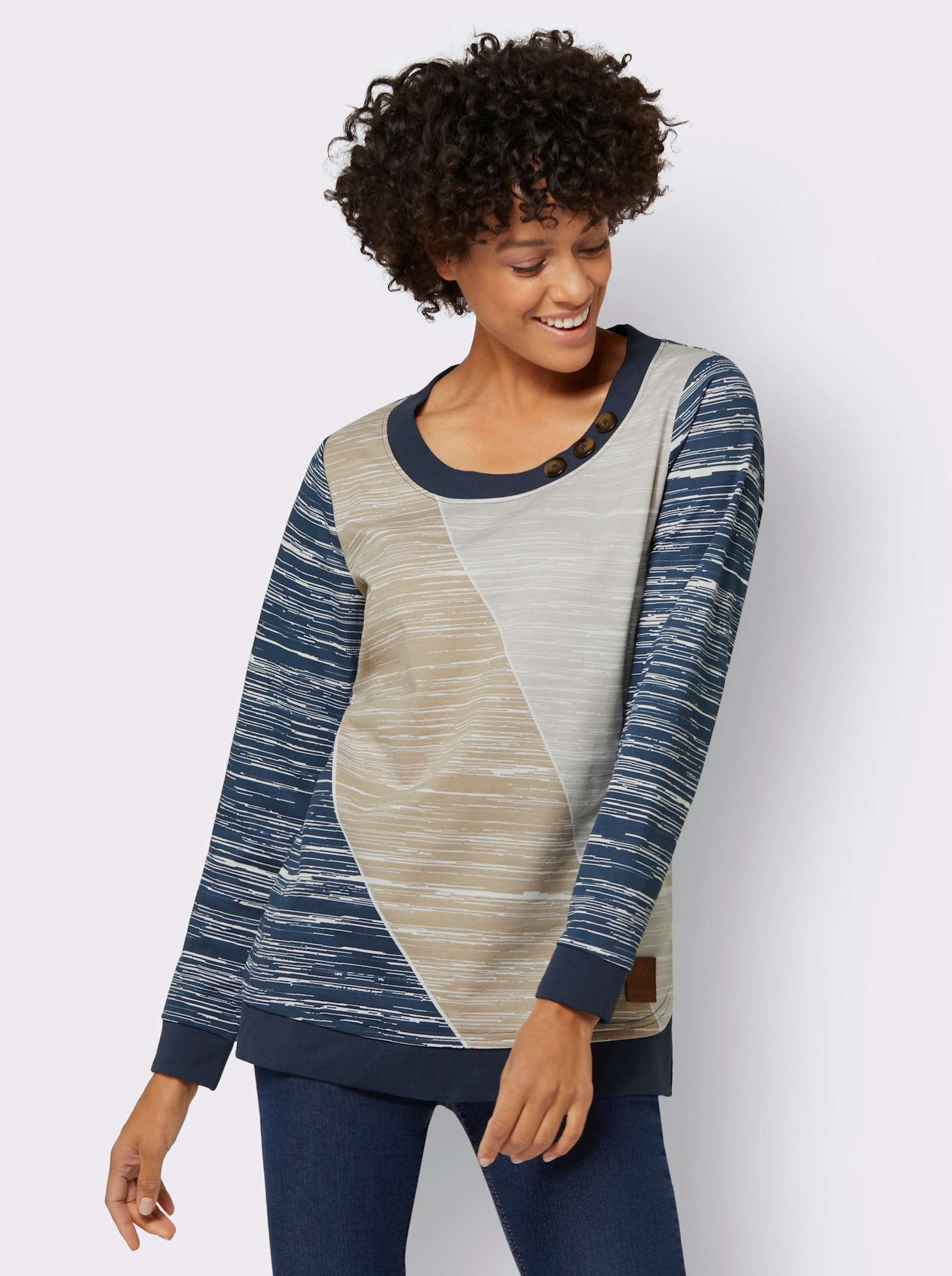  Sweatshirt mit sportivem Print - dunkelblau-ecru-bedruckt