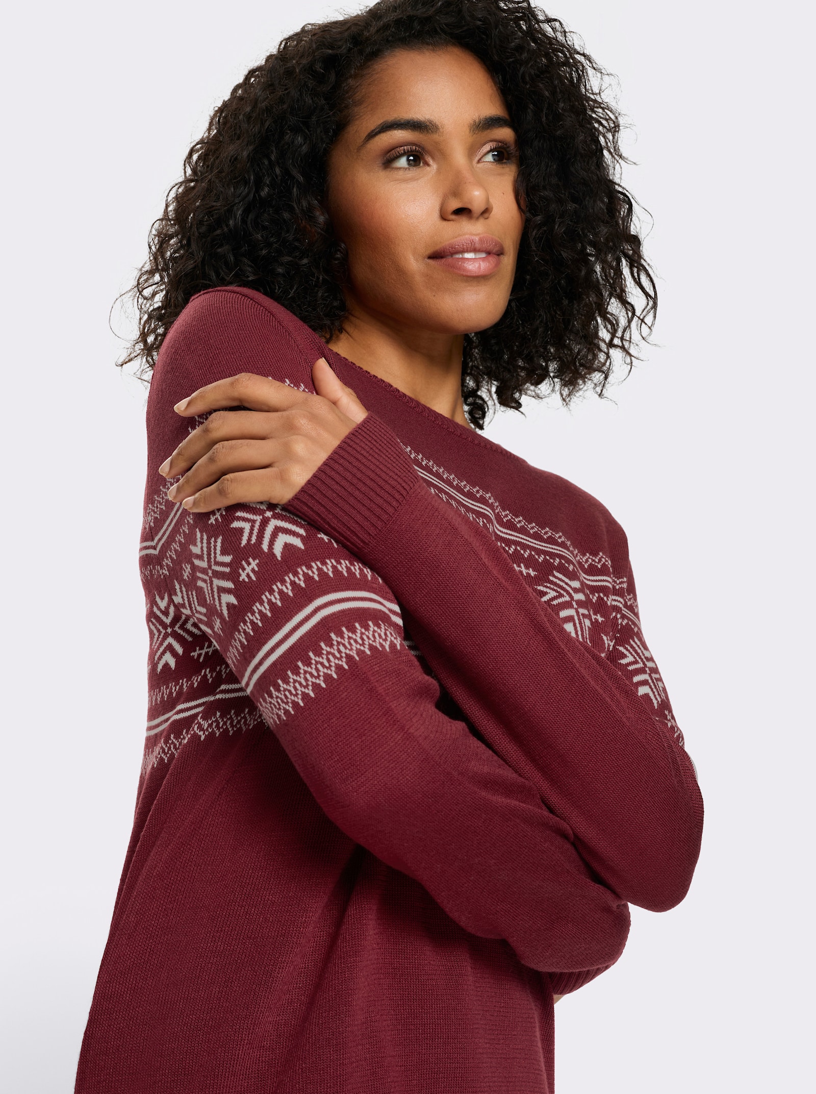 Langarm-Pullover mit Jacquardmuster - dunkelrot-ecru