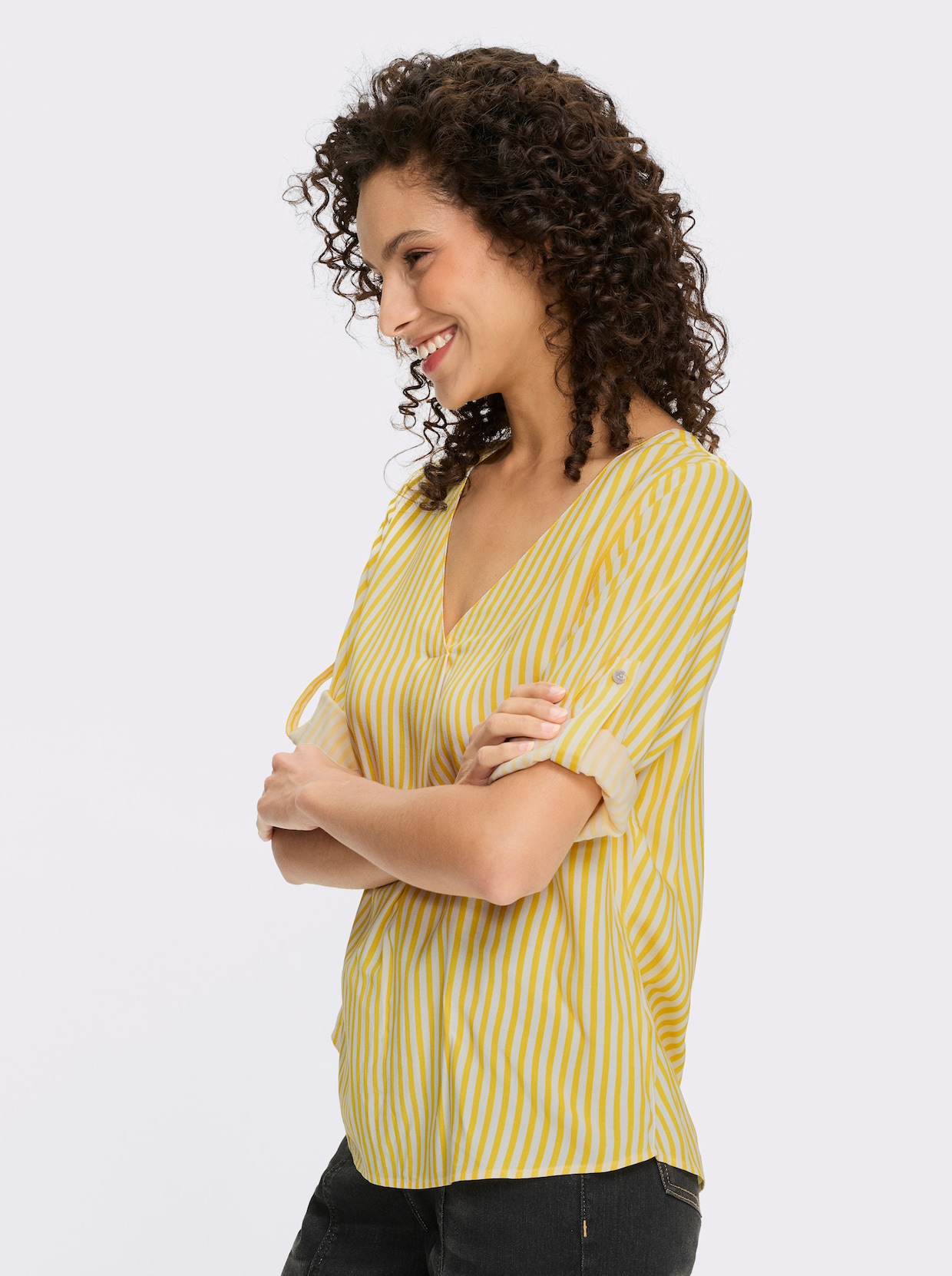 heine Schlupfbluse mit V-Ausschnitt - sonnengelb-ecru-gestreift