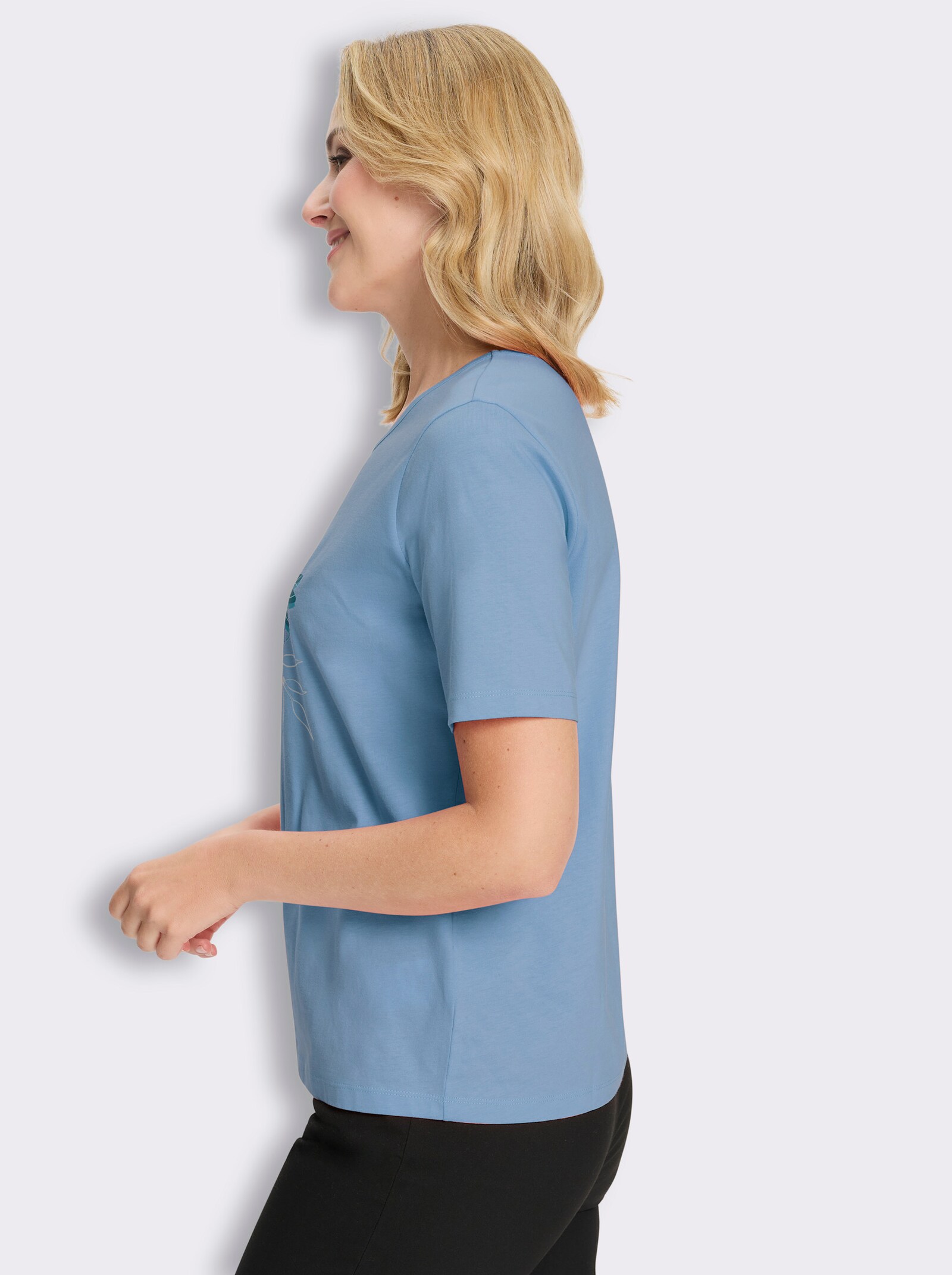 Kurzarmshirt mit Büten-Motiv - himmelblau-ozean