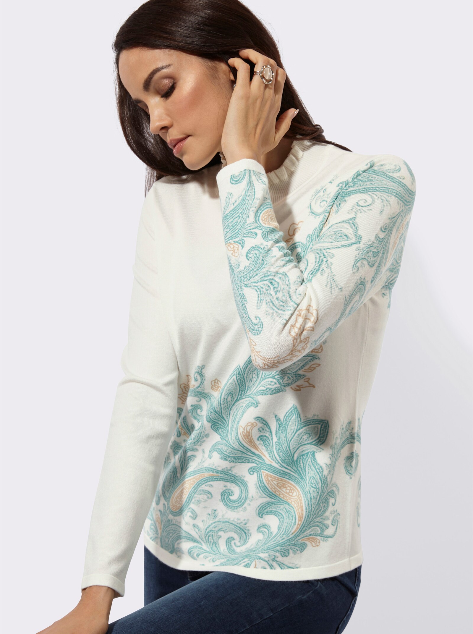 Langarm-Pullover mit einfarbigem Rückenteil - ecru-salbei-bedruckt