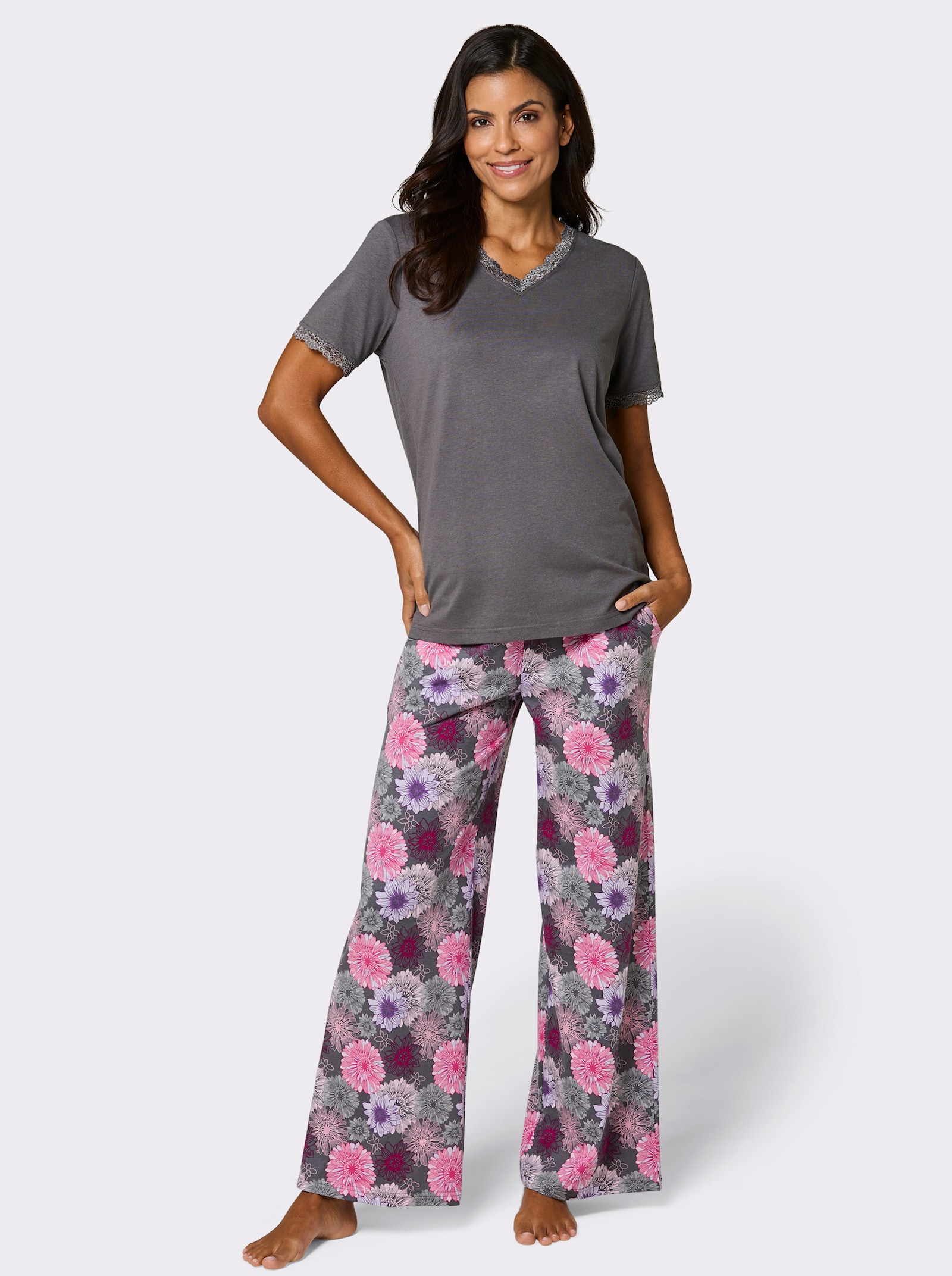 wäschepur Schlafanzug mit geblümter Hose - anthrazit-fuchsia-bedruckt