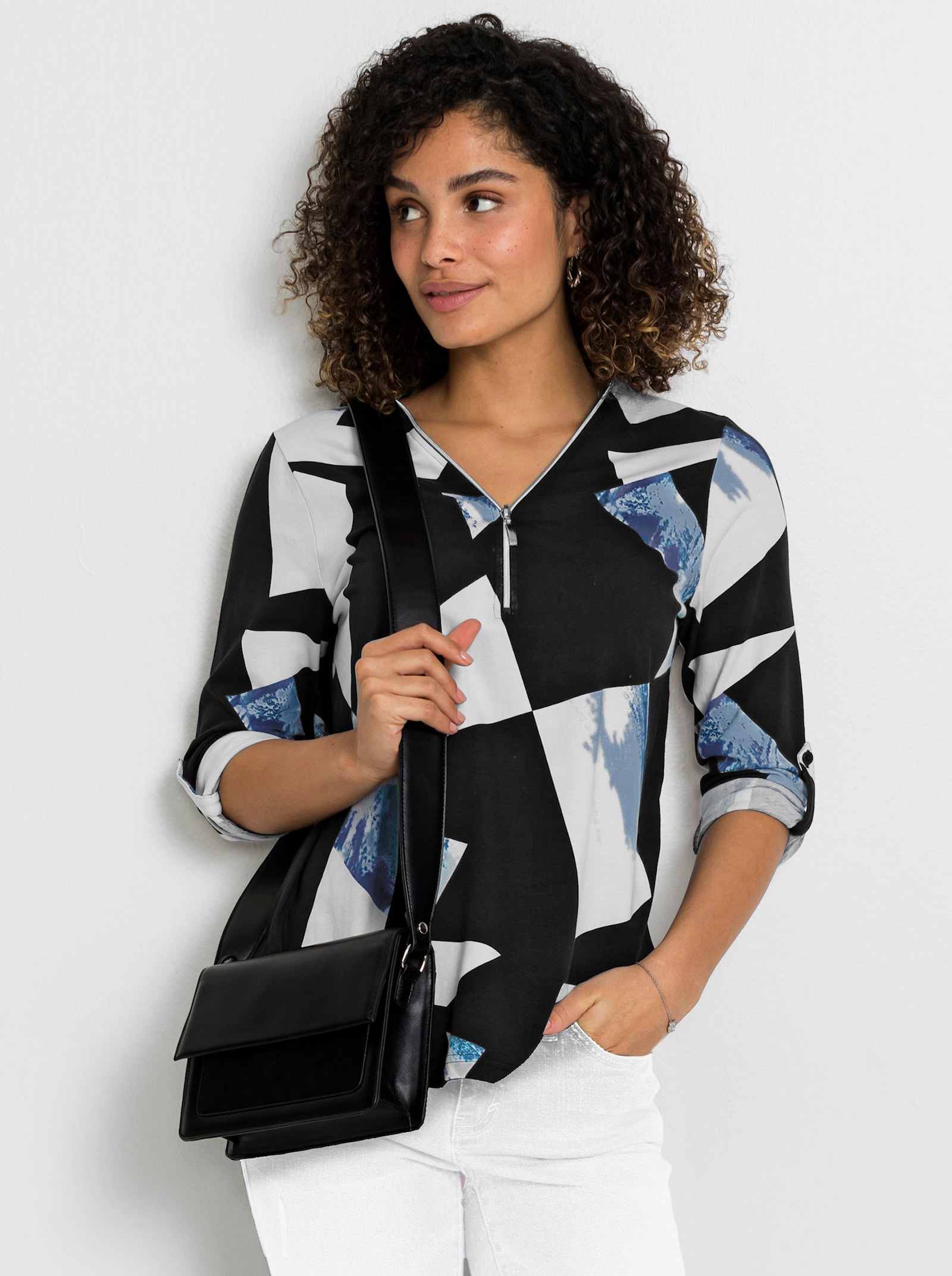 Shirt mit krempelbaren Ärmeln - schwarz-royalblau-gemustert