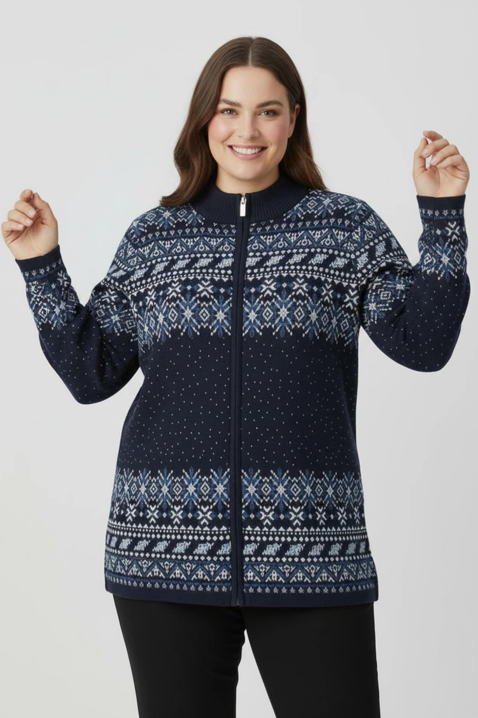 Jacquardstrickjacke im Norweger-Stil - marine-ecru-gemustert