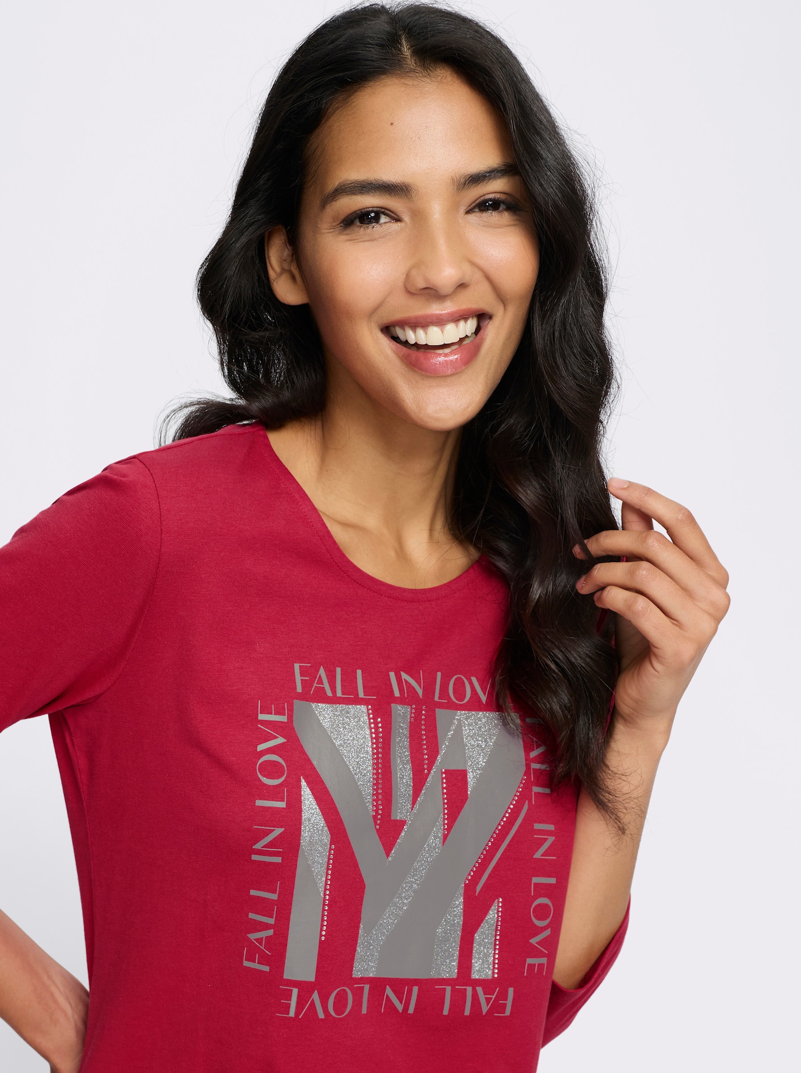 3/4-Arm-Shirt mit Glitzerdruck - rot-grau