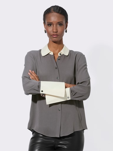 Klassische Bluse im Materialmix - anthrazit-ecru-gemustert