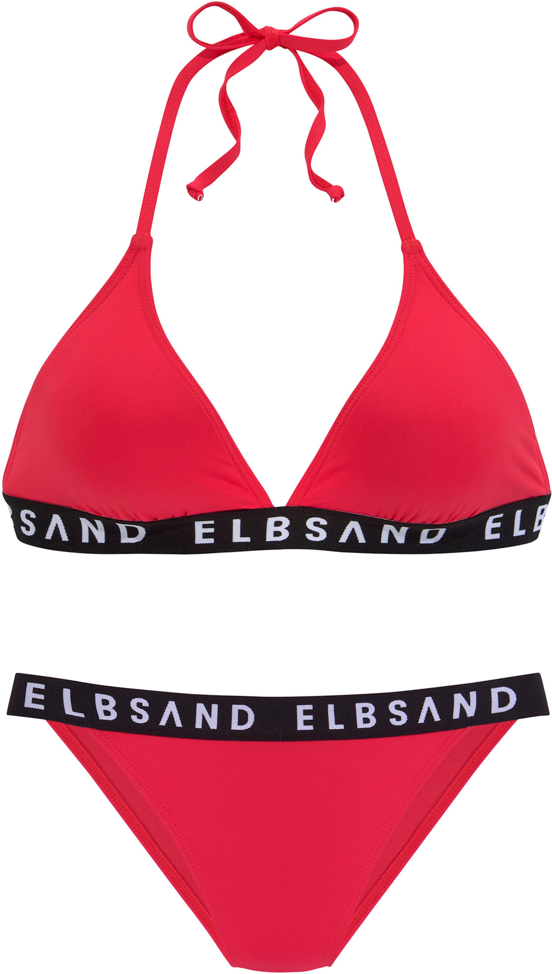 Gel de günstig Kaufen-Triangel-Bikini in rot von Elbsand. Triangel-Bikini in rot von Elbsand <![CDATA[Sportlicher Triangel-Bikini von Elbsand. Hingucker: elastisches Band mit Markenschriftzug an Top und Hose. Cups herausnehmbar. Neckholder. Bikinihose etwas knapper geschnitten