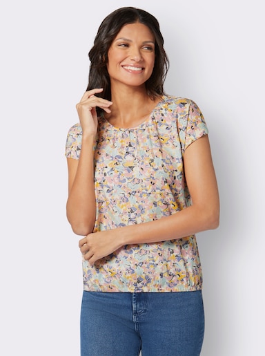 Kurzarmshirt mit elastischem Saum - champagner-rosenquarz-bedruckt
