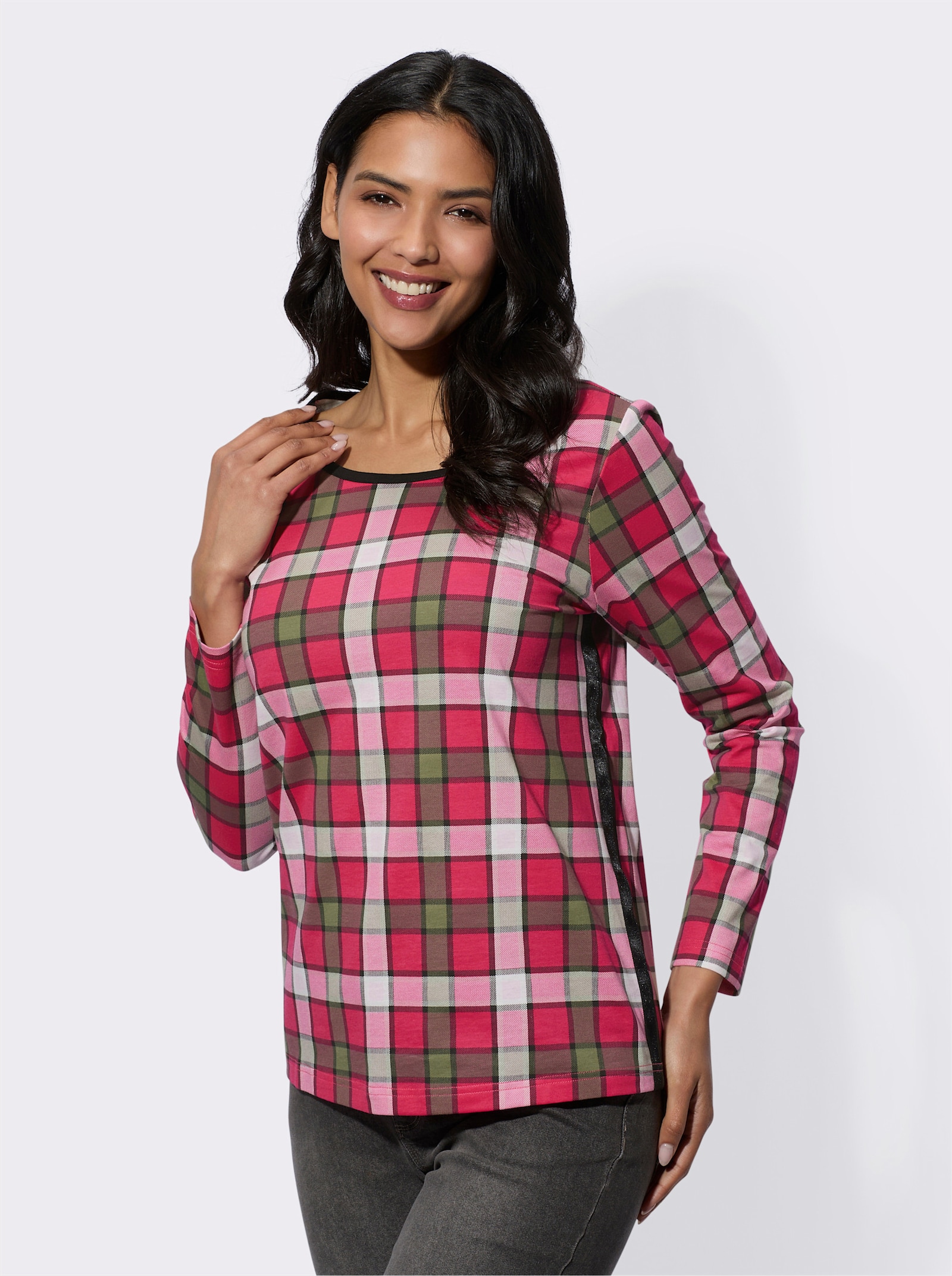 Langarmshirt mit Zierband - pink-ecru-bedruckt