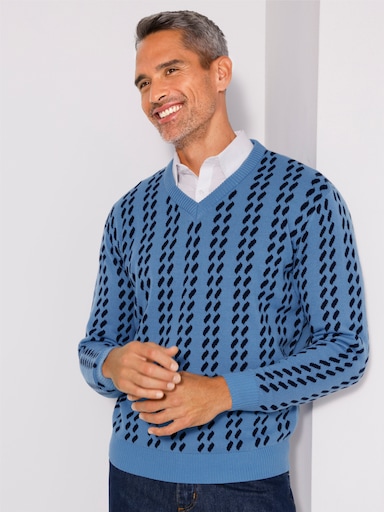 Svetr s výstřihem do V s grafickým pleteným vzorem - střední modrá-námořnická modrá