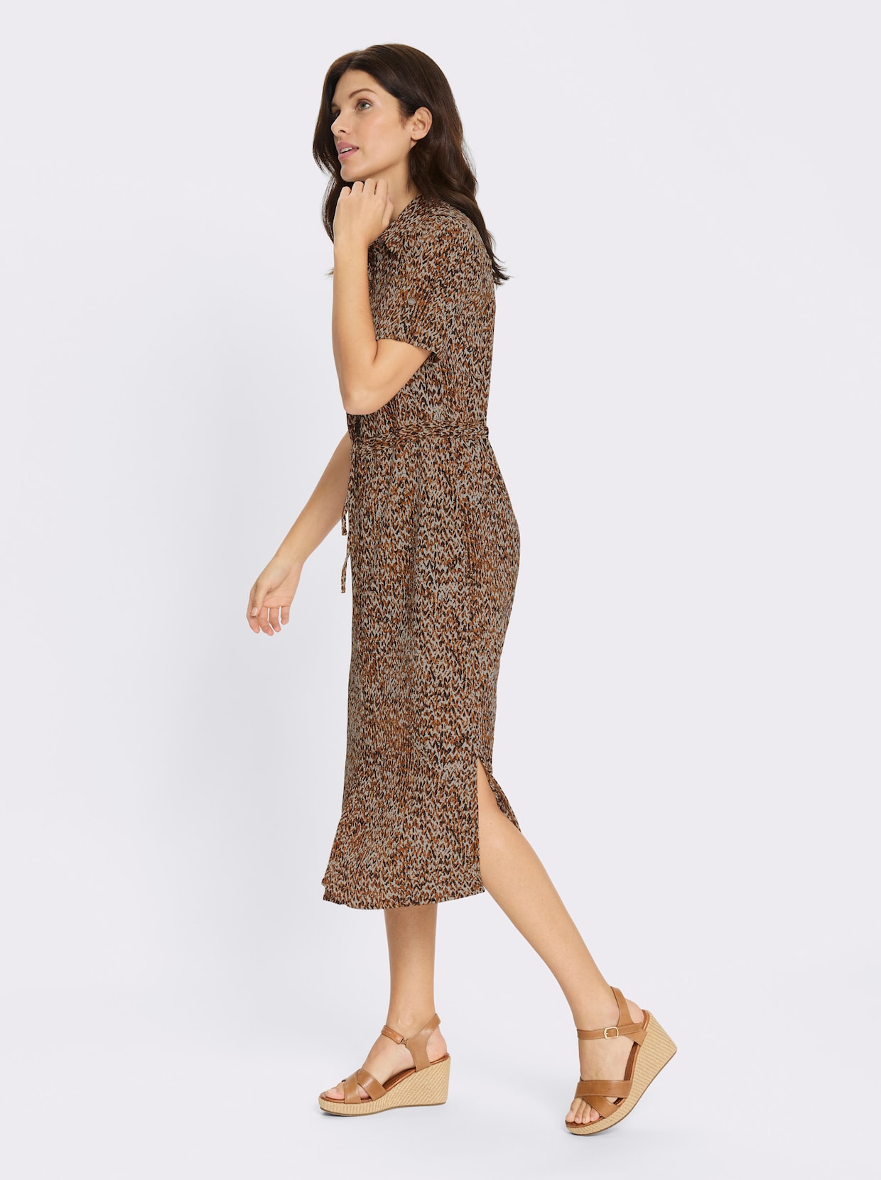 Hemdblusenkleid in Crinkle-Qualität - cognac-schwarz-bedruckt