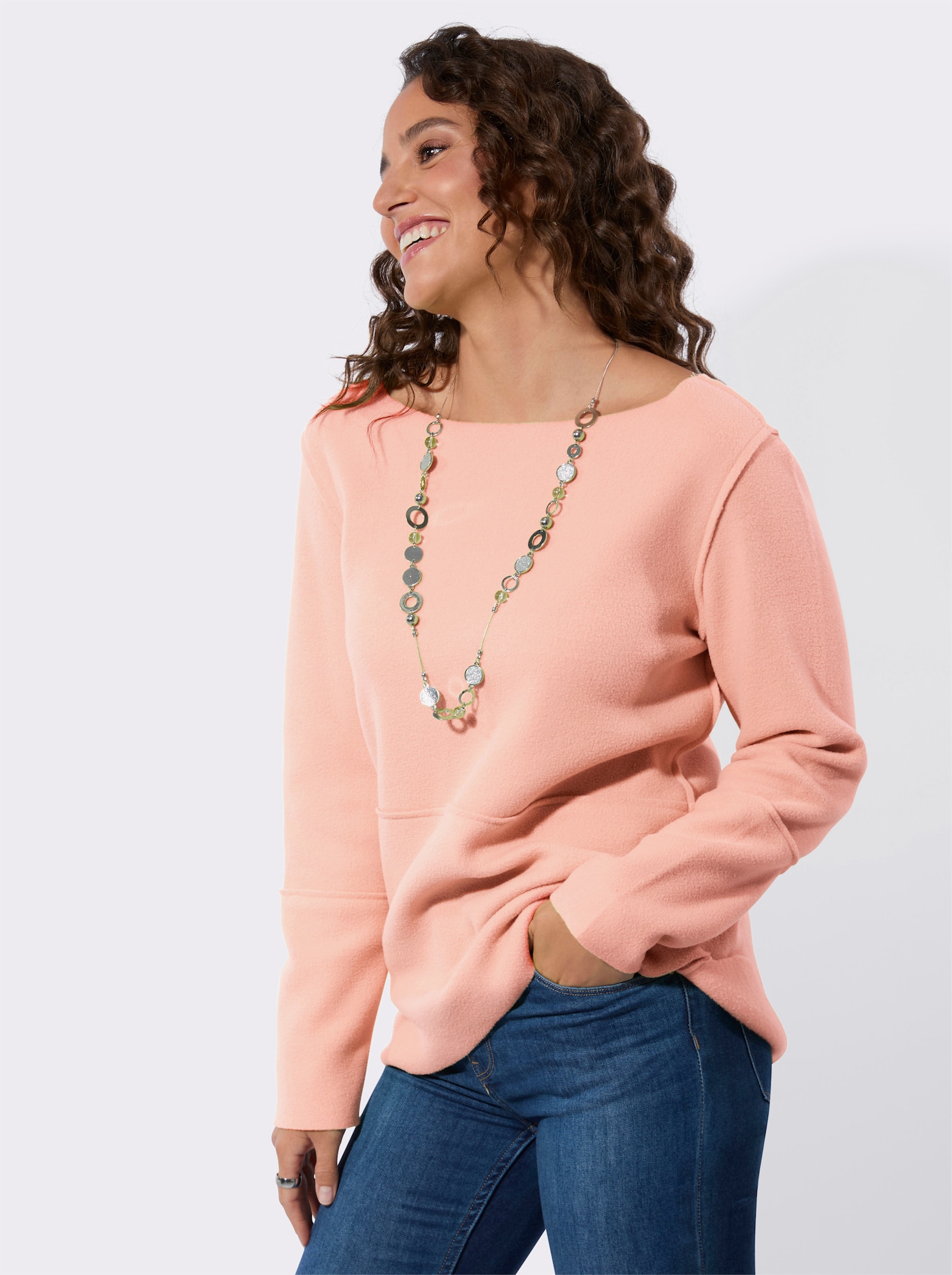 Fleeceshirt mit U-Boot-Ausschnitt - puder