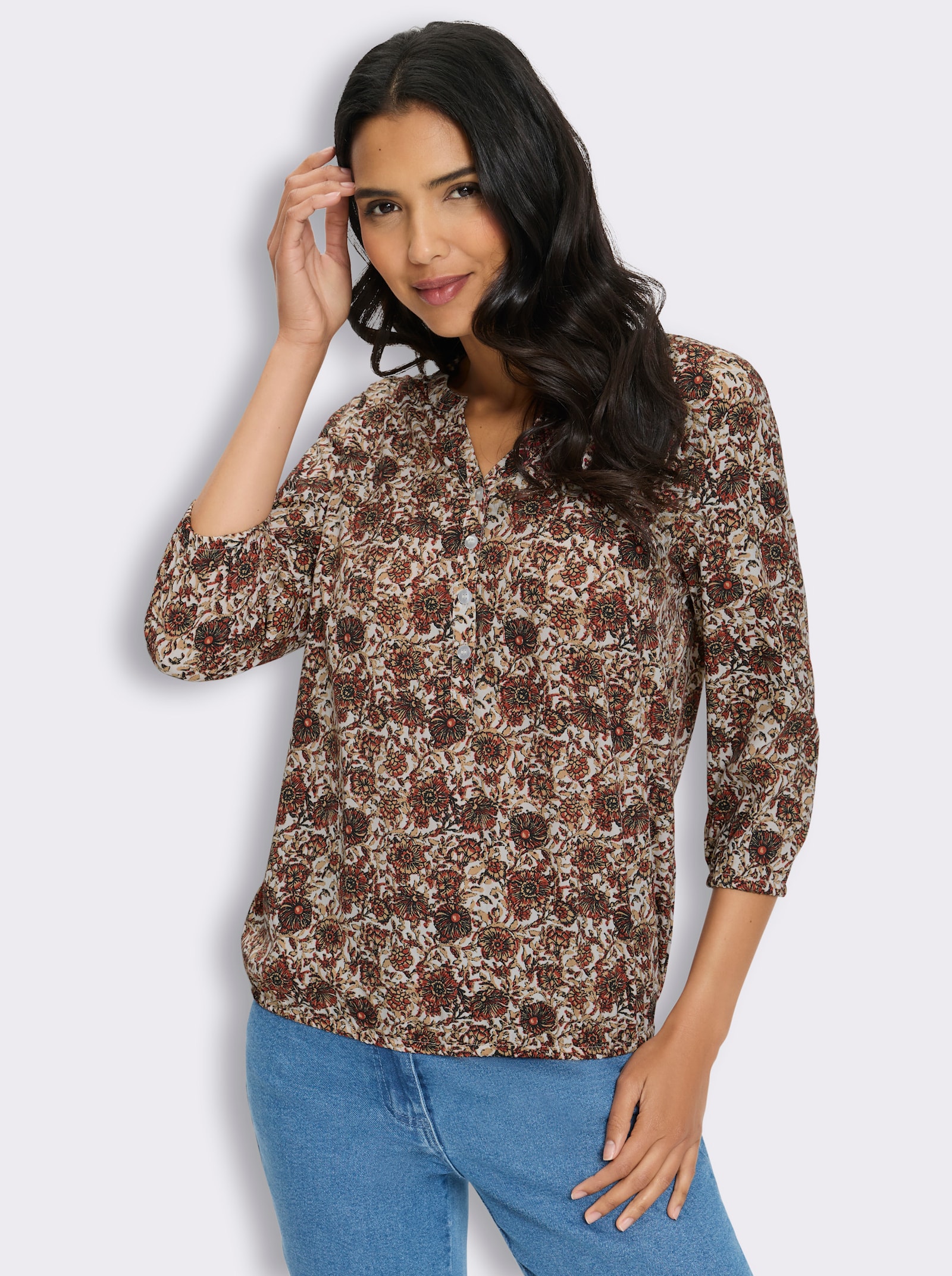 Druckbluse in Schlupfform - sand-camel-bedruckt