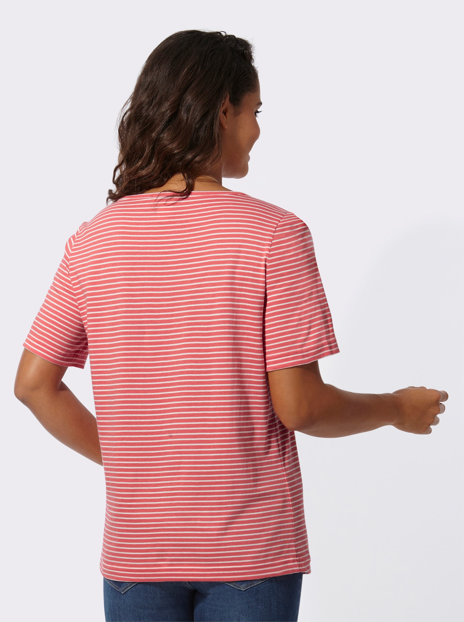 Ringelshirt mit kurzen Ärmeln - koralle-ecru-geringelt