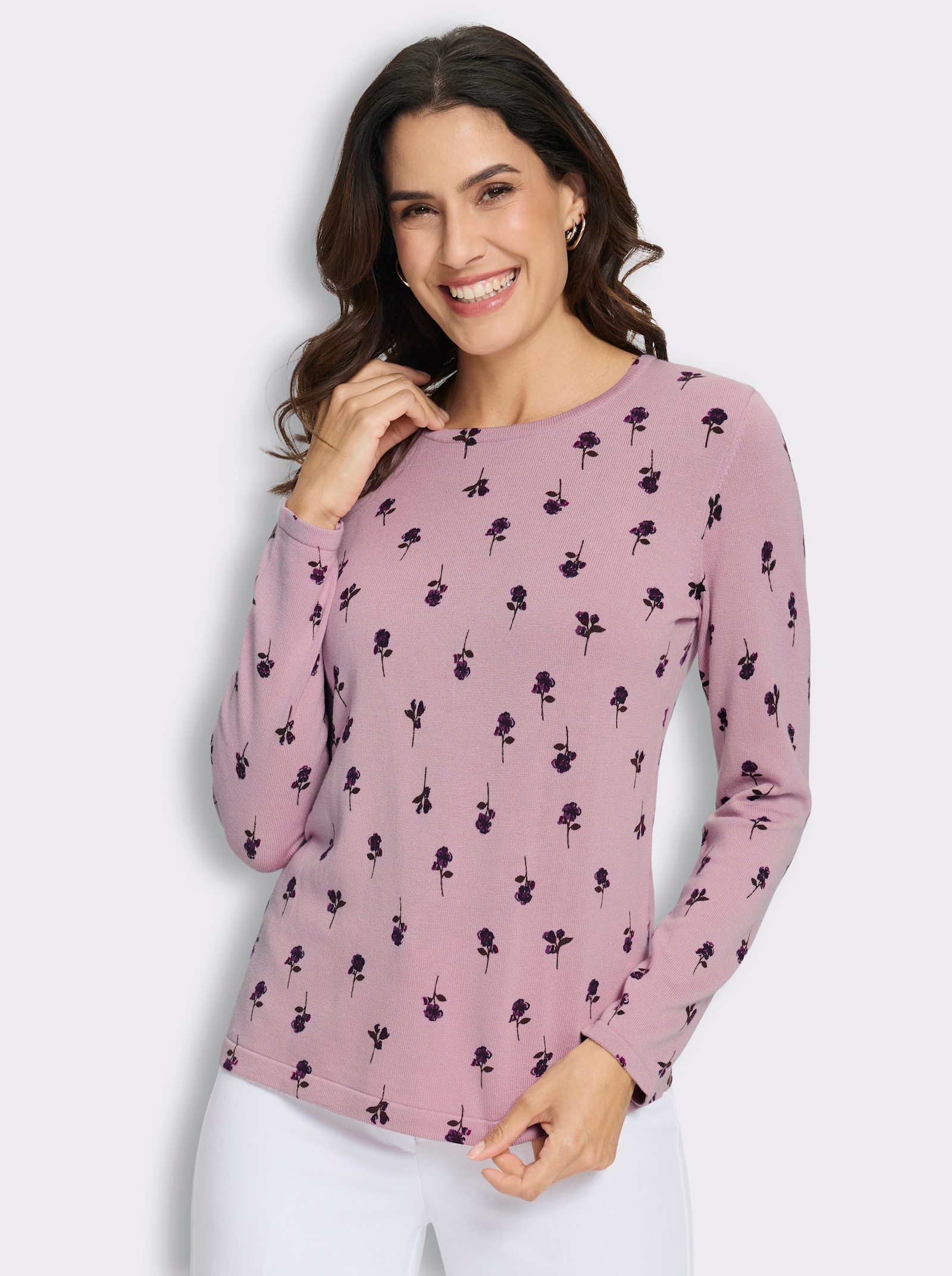 Feinstrickpullover mit Blumen-Dessin - rosé-bedruckt