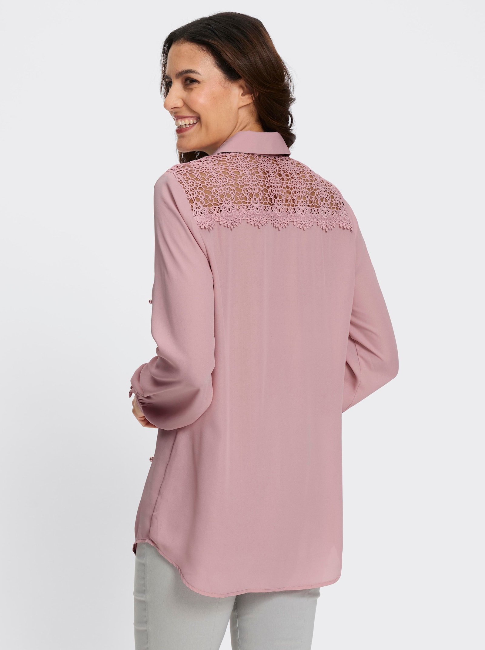 Longbluse mit Spitze und Zierperlen - hortensie
