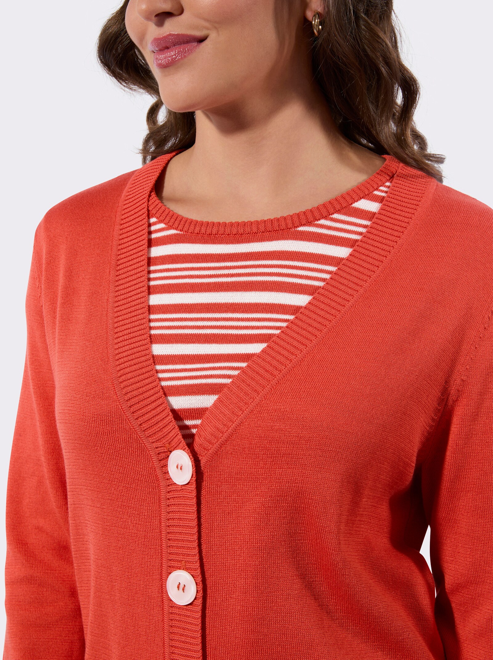 Twin-Set mit Schmuckknöpfen - terra-ecru-geringelt