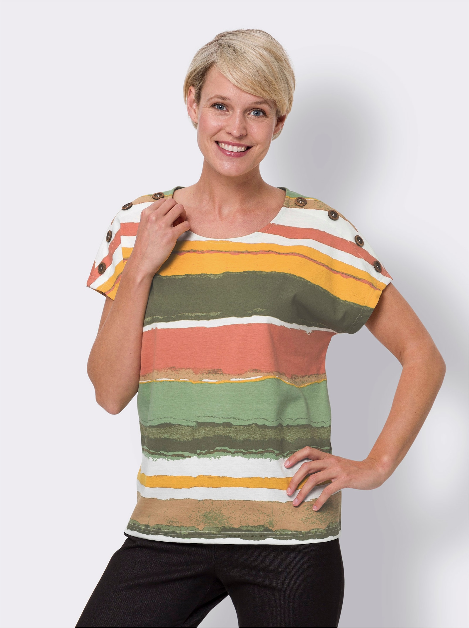 Shirt met ronde hals en sierknopen - kaki/ecru bedrukt