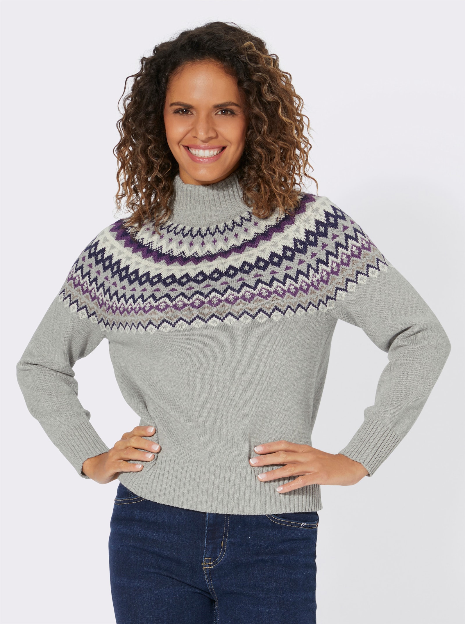 Pullover met opstaande kraag en meerkleurig Noors patroon - lichtgrijs/nachtblauw gedessineerd