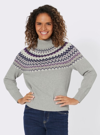 Stehkragenpullover im mehrfarbigen Norwegermuster - hellgrau-nachtblau-gemustert