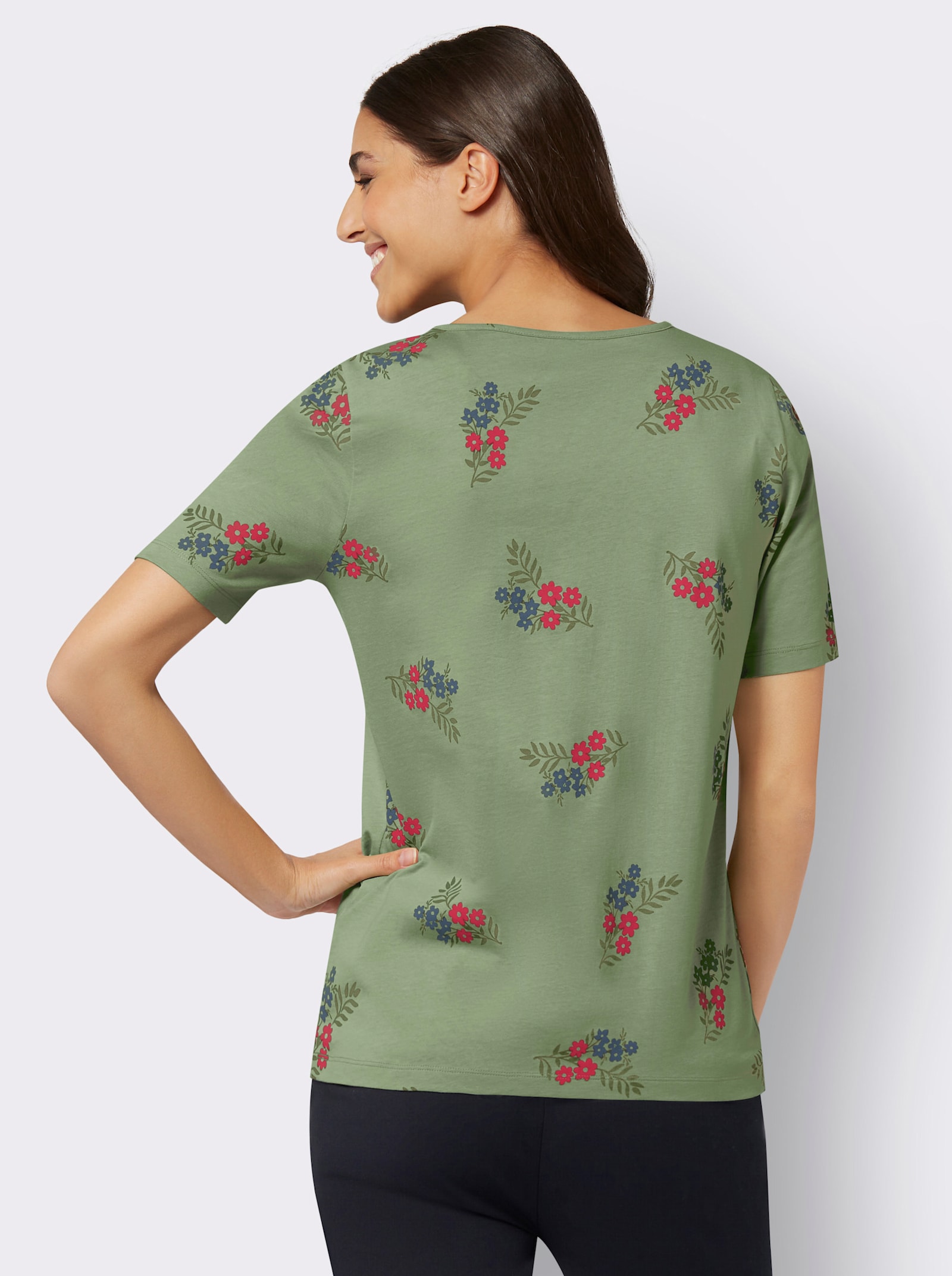 Kurzarmshirt mit Blütendruck - eucalyptus