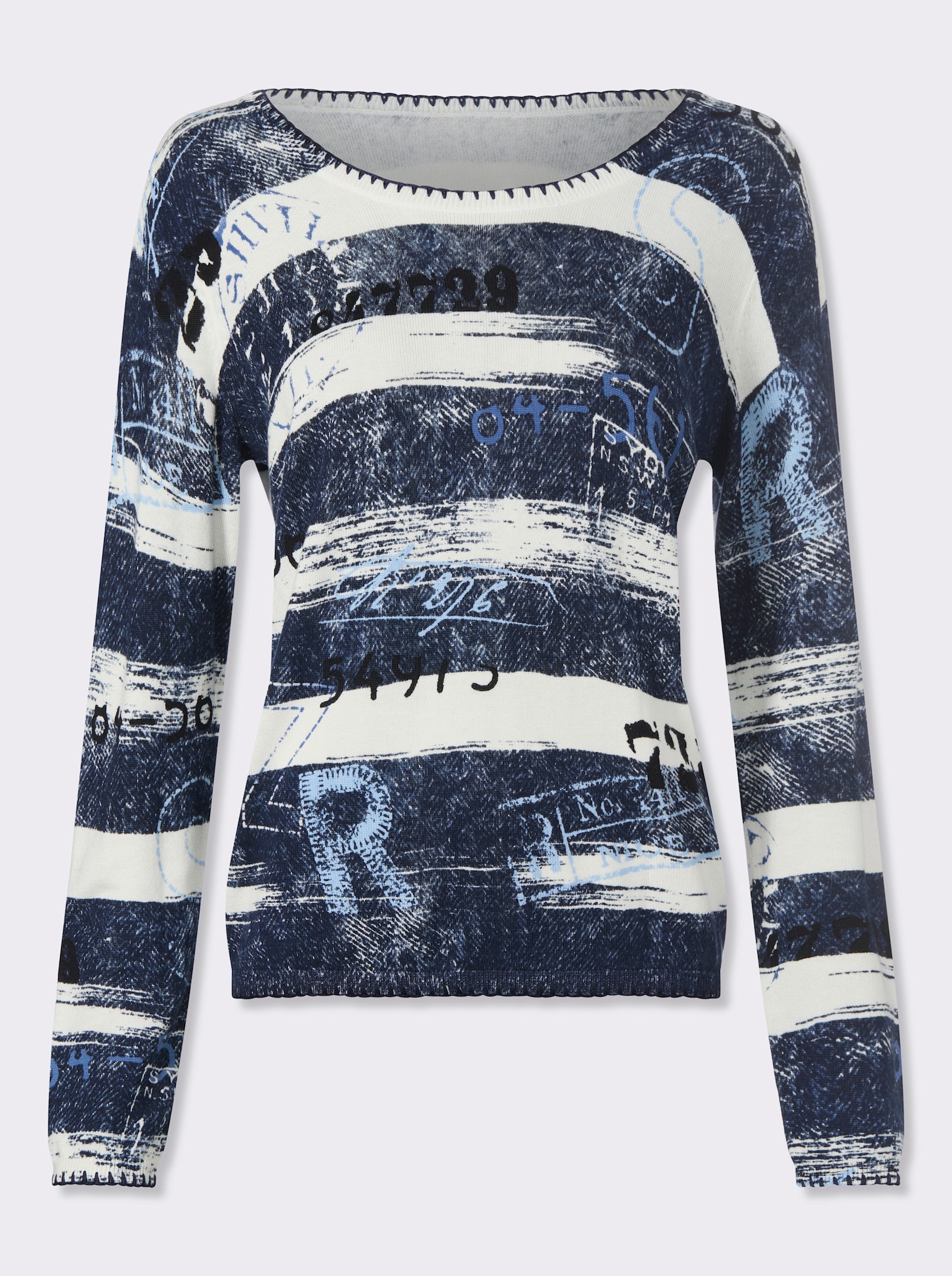 heine Pull à manches longues et large encolure ronde - bleu jean-écru imprimé