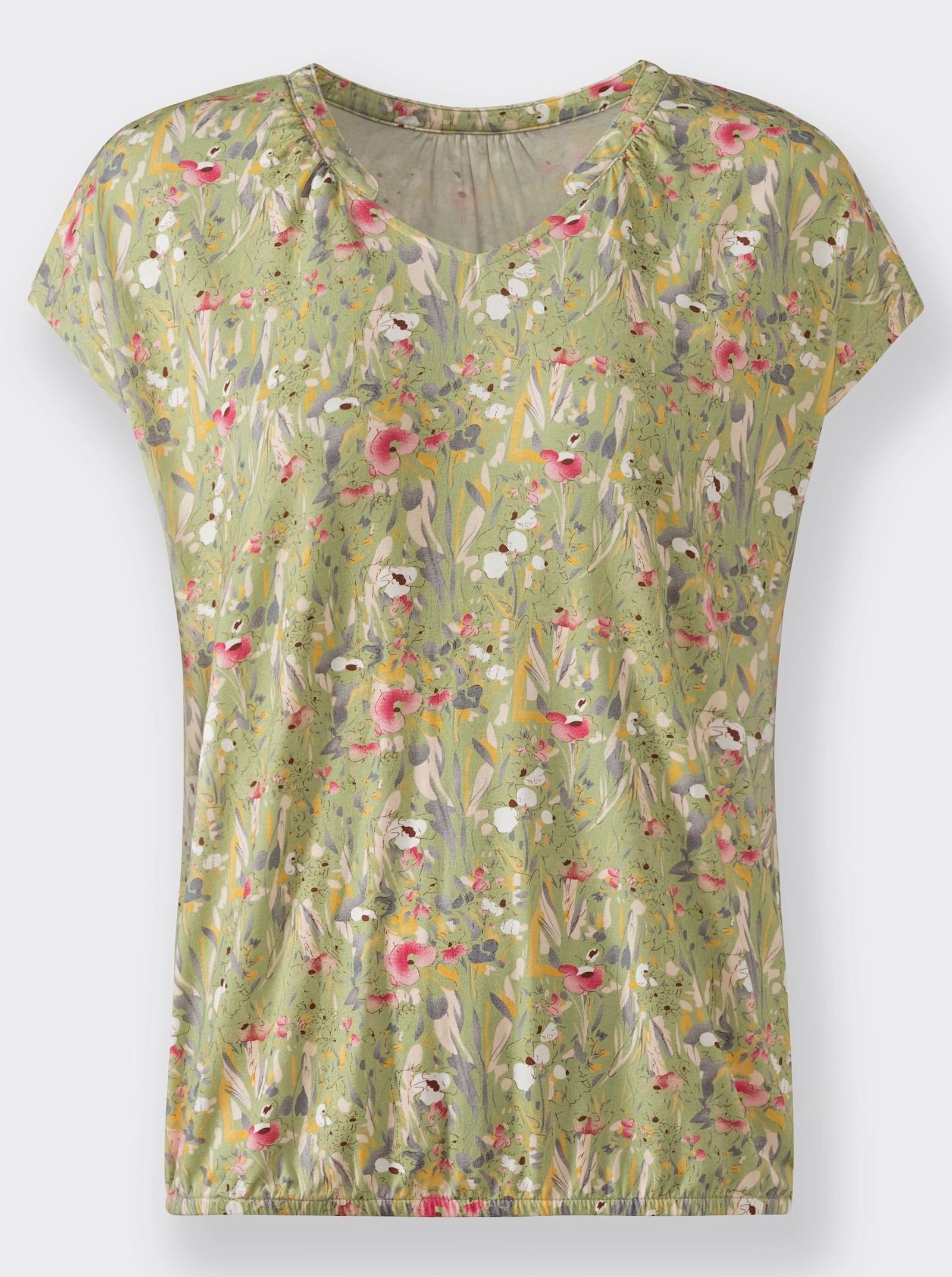 Shirt met print en met kleine V en rimpeling bij de hals - lindegroen bedrukt