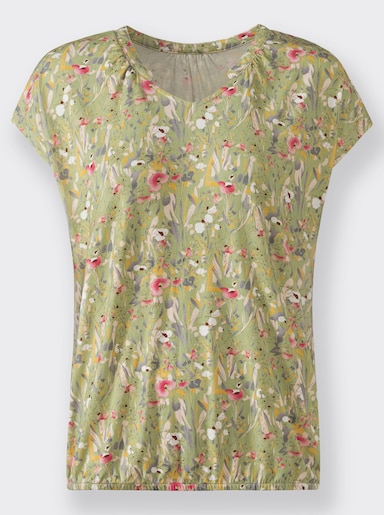 Print-Shirt mit kleinem V und Raffung am Ausschnitt - lindgrün-bedruckt