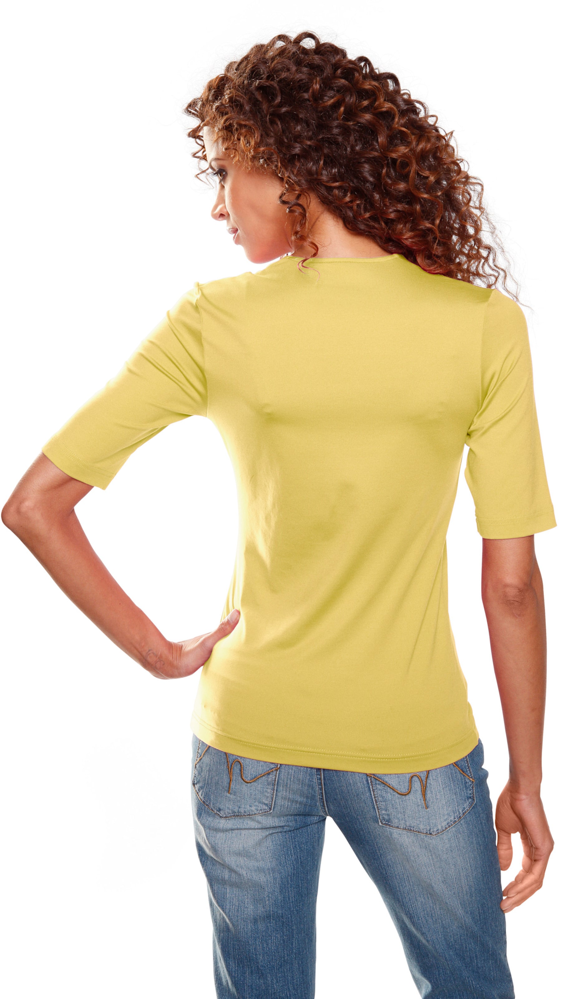 IR Mini günstig Kaufen-V-Shirt in gelb von heine. V-Shirt in gelb von heine <![CDATA[V-Shirt Modisches Basic mit femininem Ausschnitt. Figurbetont, mit etwas längerem Halbarm. Angenehm weiche, farbbrillante Tactel-Qualität mit Stretch-Anteil und leichtem Glanz.]]>. 
