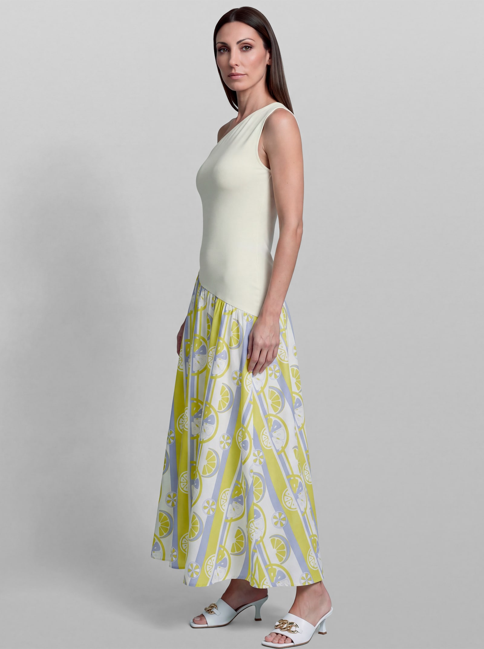 heine Sommerkleid im Materialmix - ecru-limone-bedruckt