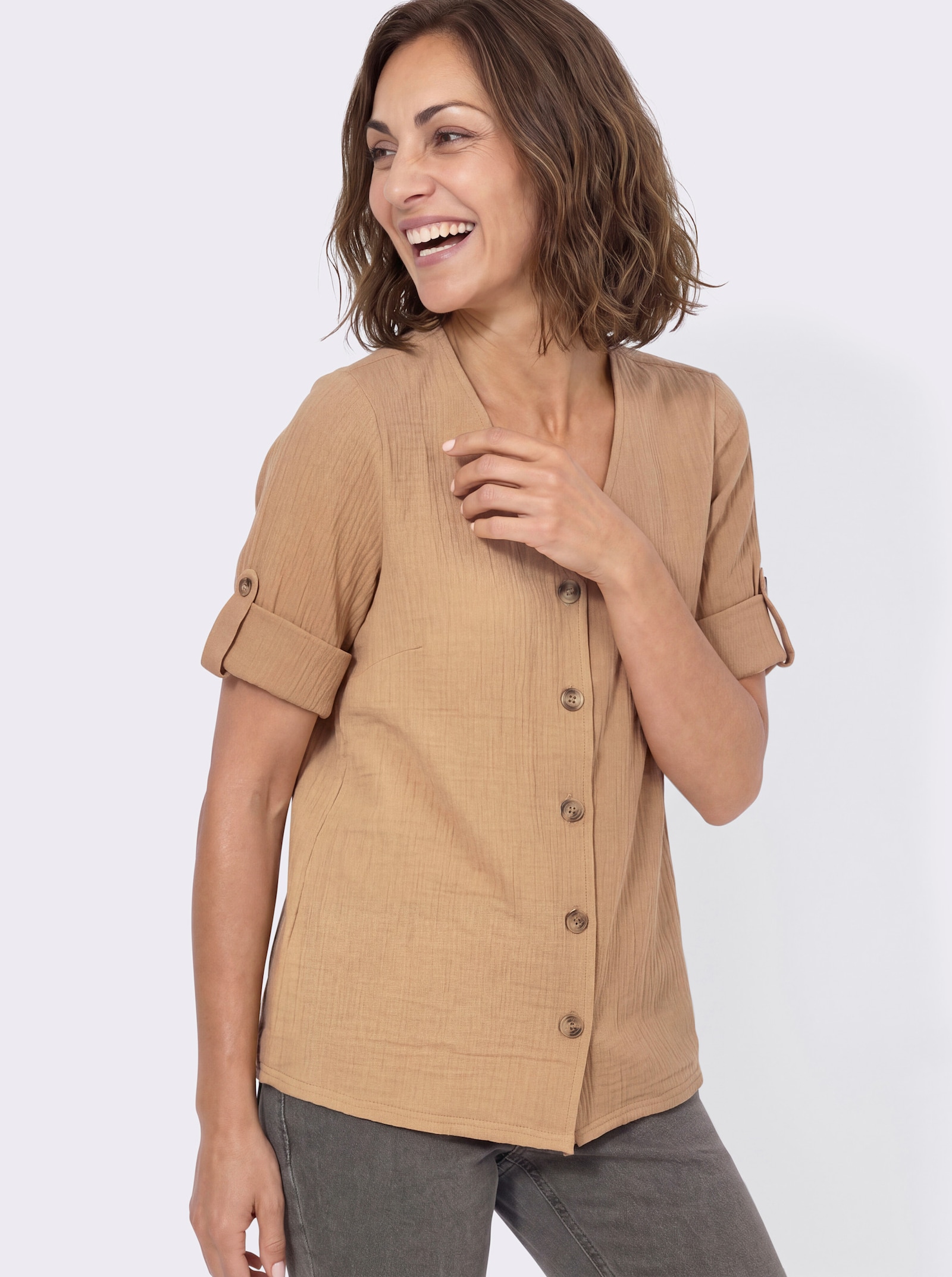 3/4-Arm-Bluse mit Krempelfunktion - camel