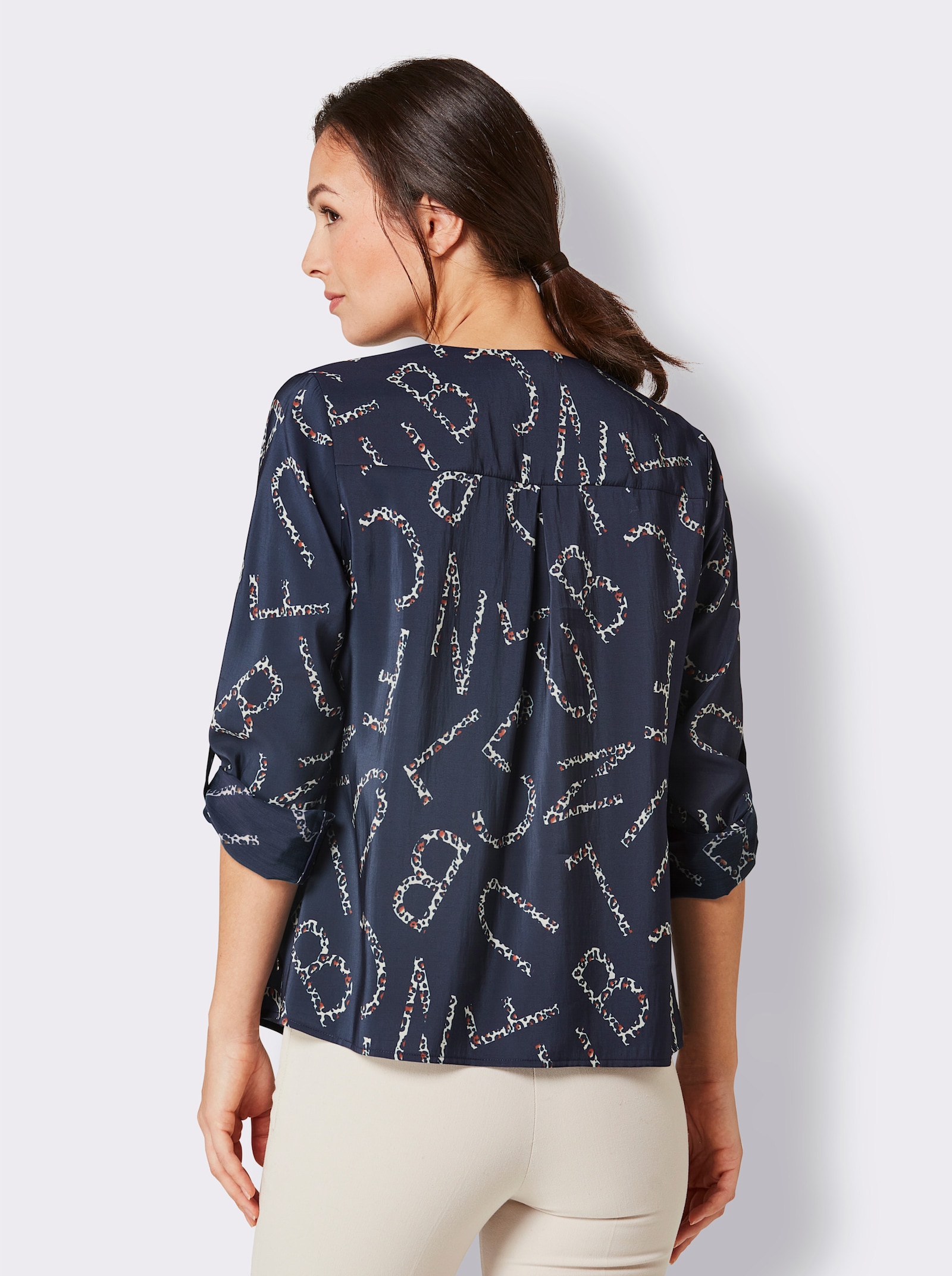 CREATION L PREMIUM Druckbluse mit Lettering- und Leo-Dessin - marine-sand-bedruckt