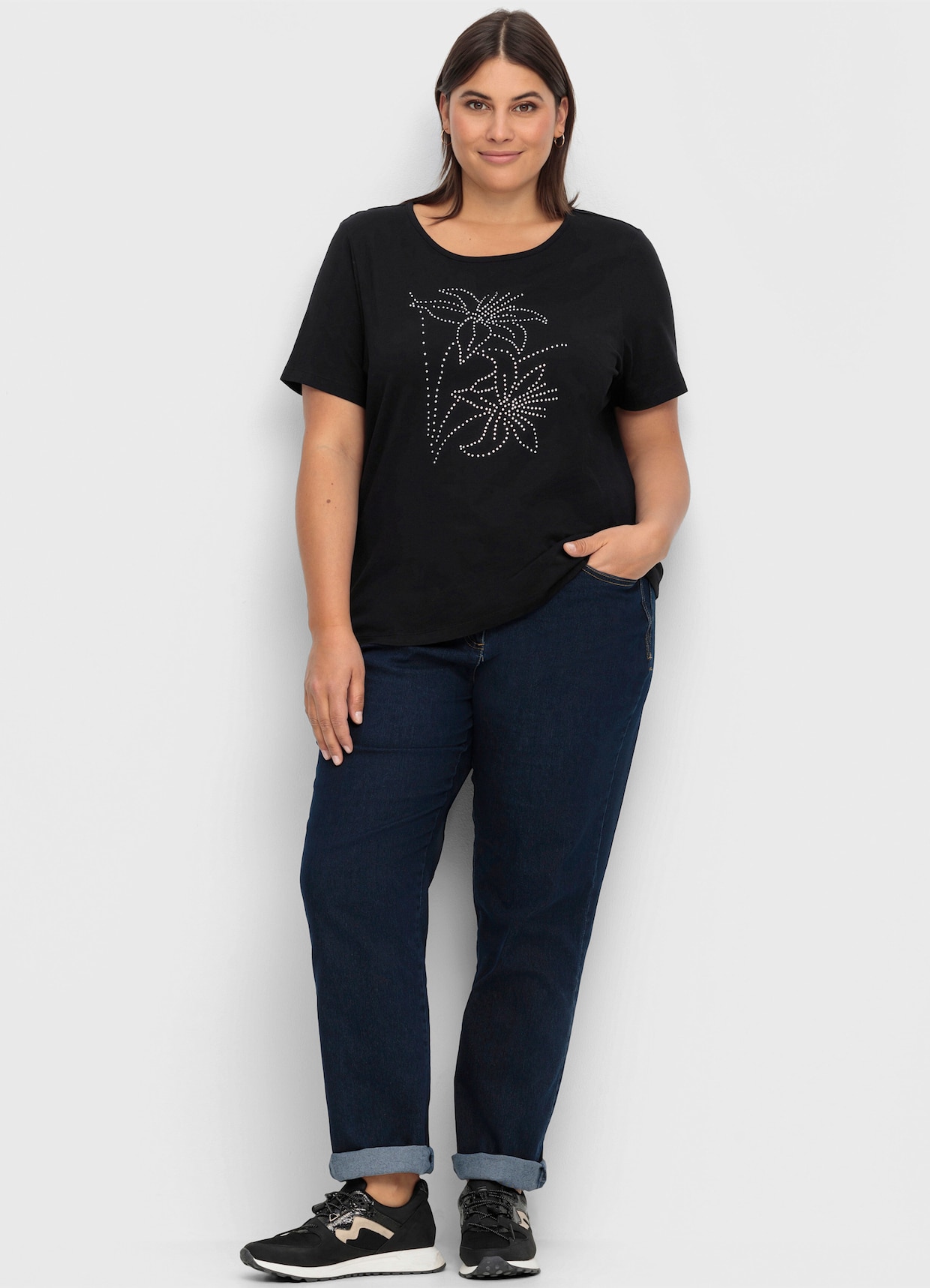 Kurzarmshirt mit Steinchen verziert - schwarz