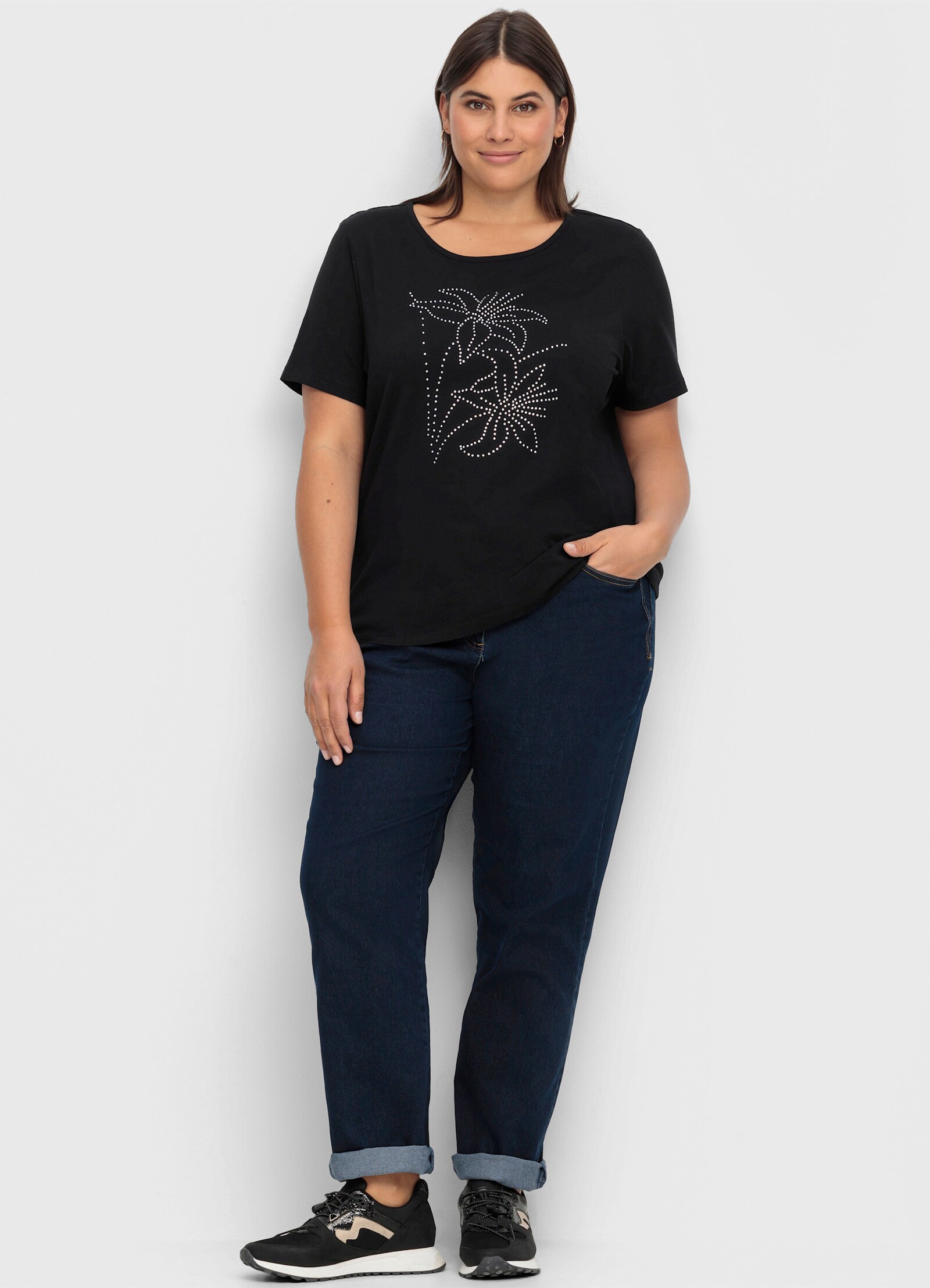 Kurzarmshirt mit Steinchen verziert - schwarz