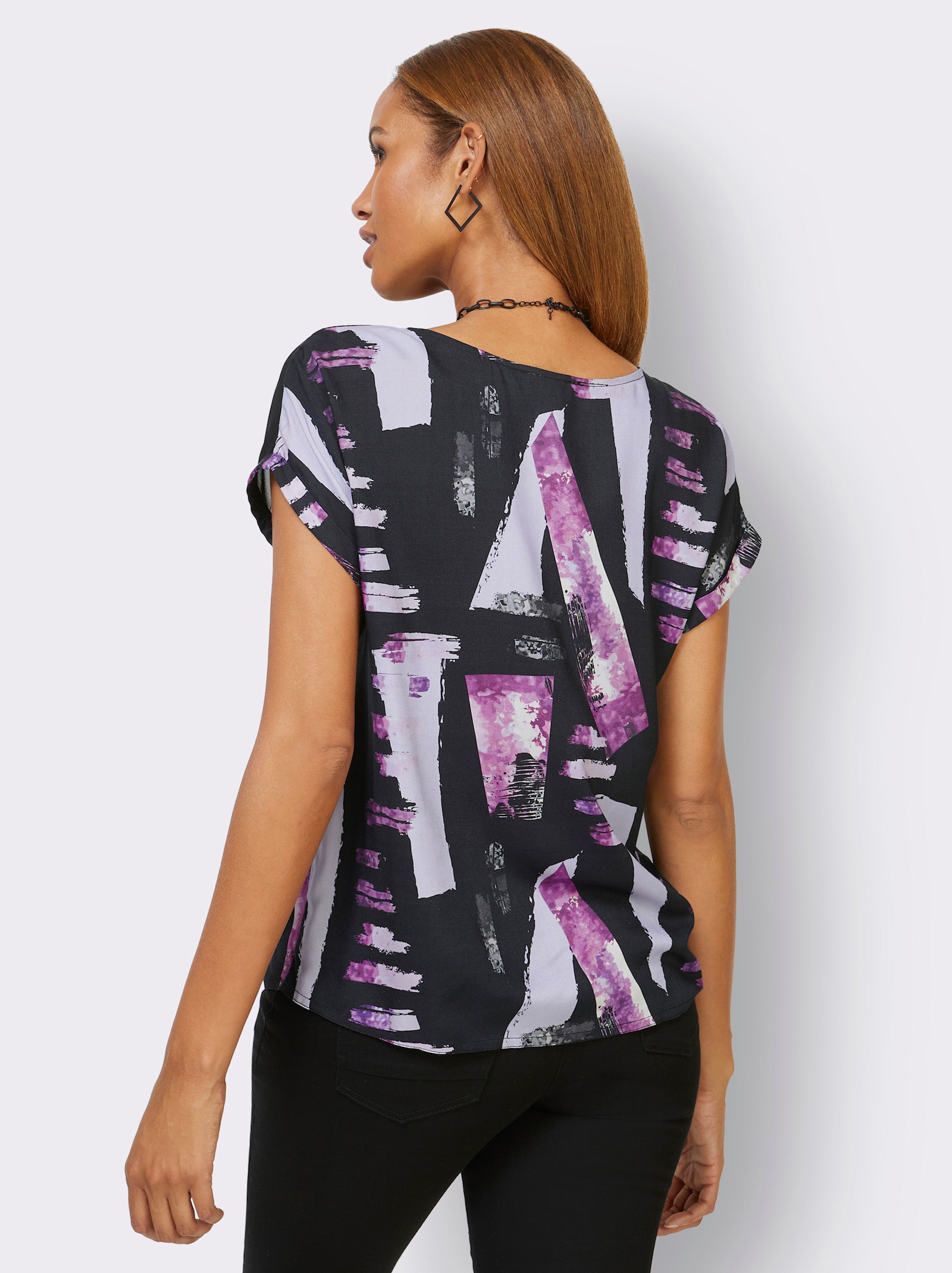 Shirt met lange mouw en transparante inzetten - zwart/lila bedrukt