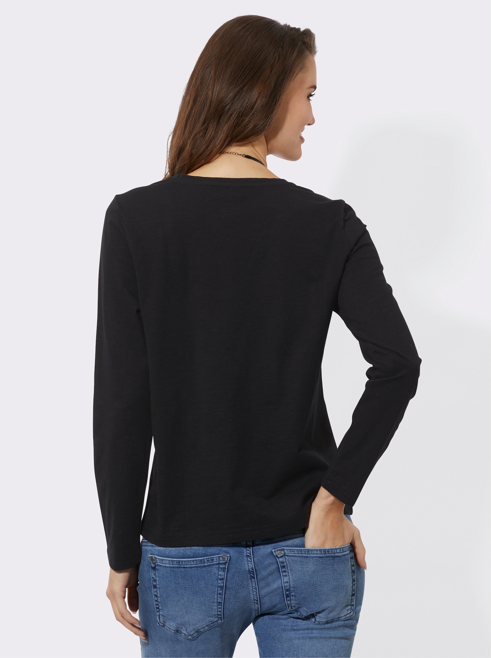 Langarmshirt aus reiner Baumwolle - schwarz-papaya