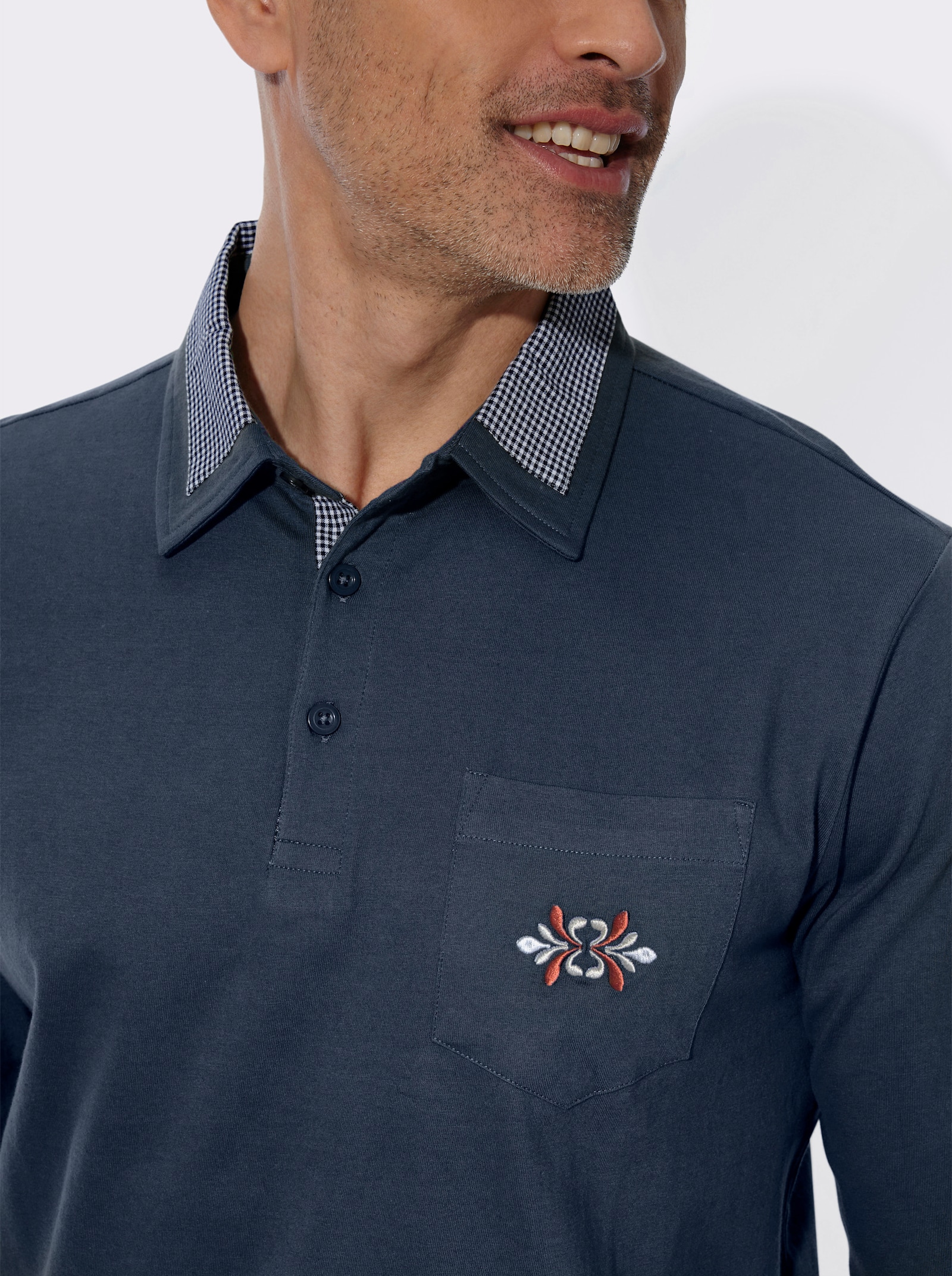 Langarm-Poloshirt mit Webkaro-Details - dunkelblau