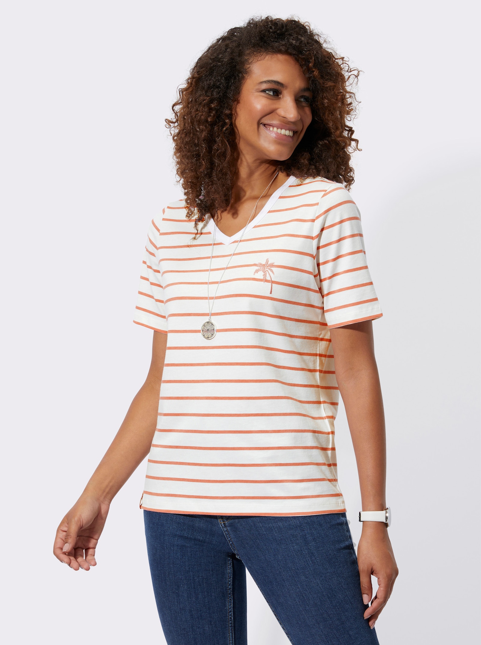 Shirt mit Stickerei, geringelt - papaya-ecru-geringelt