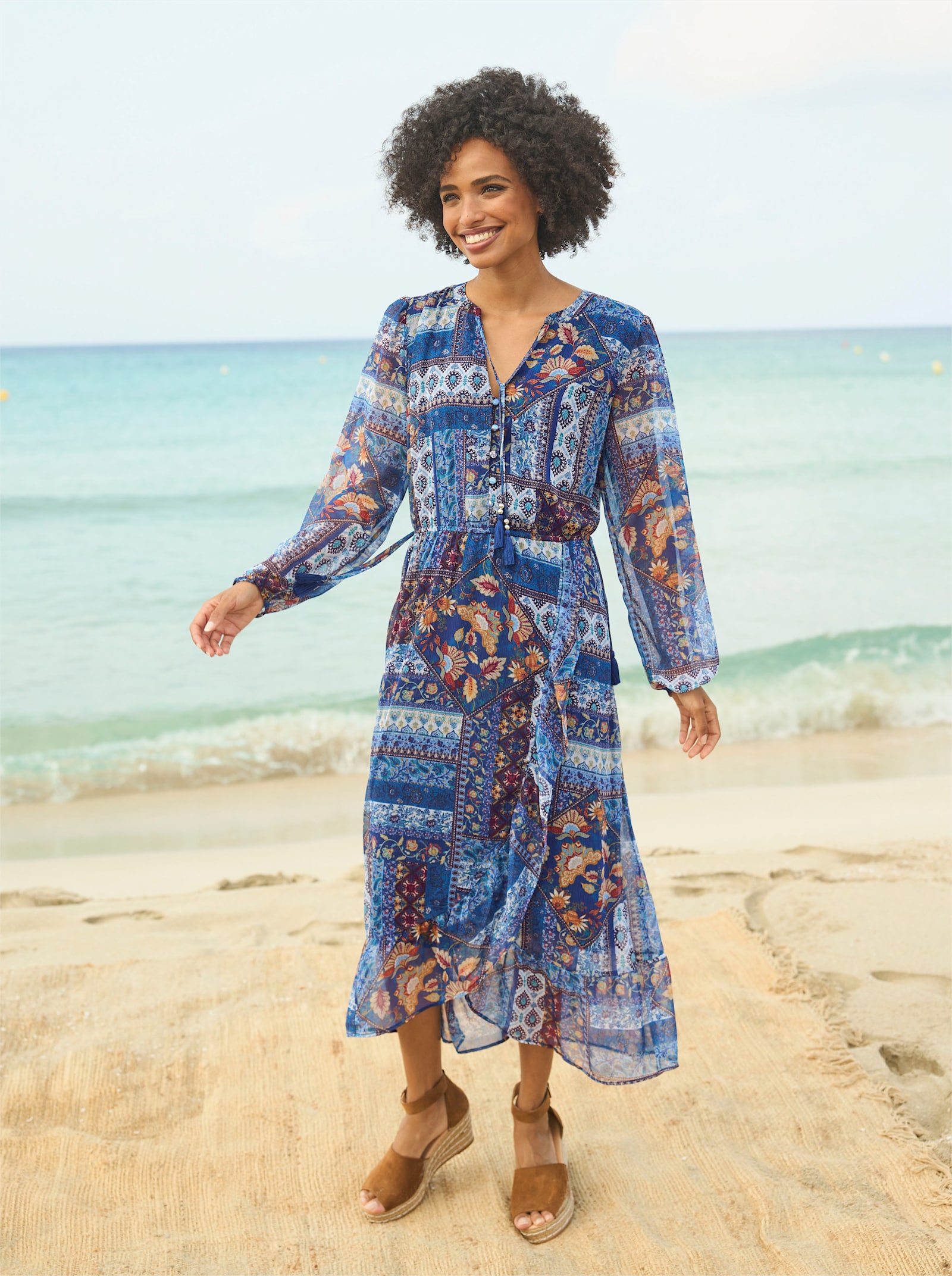 heine Jurk met print en elastische mouwboordjes - marine/oker bedrukt