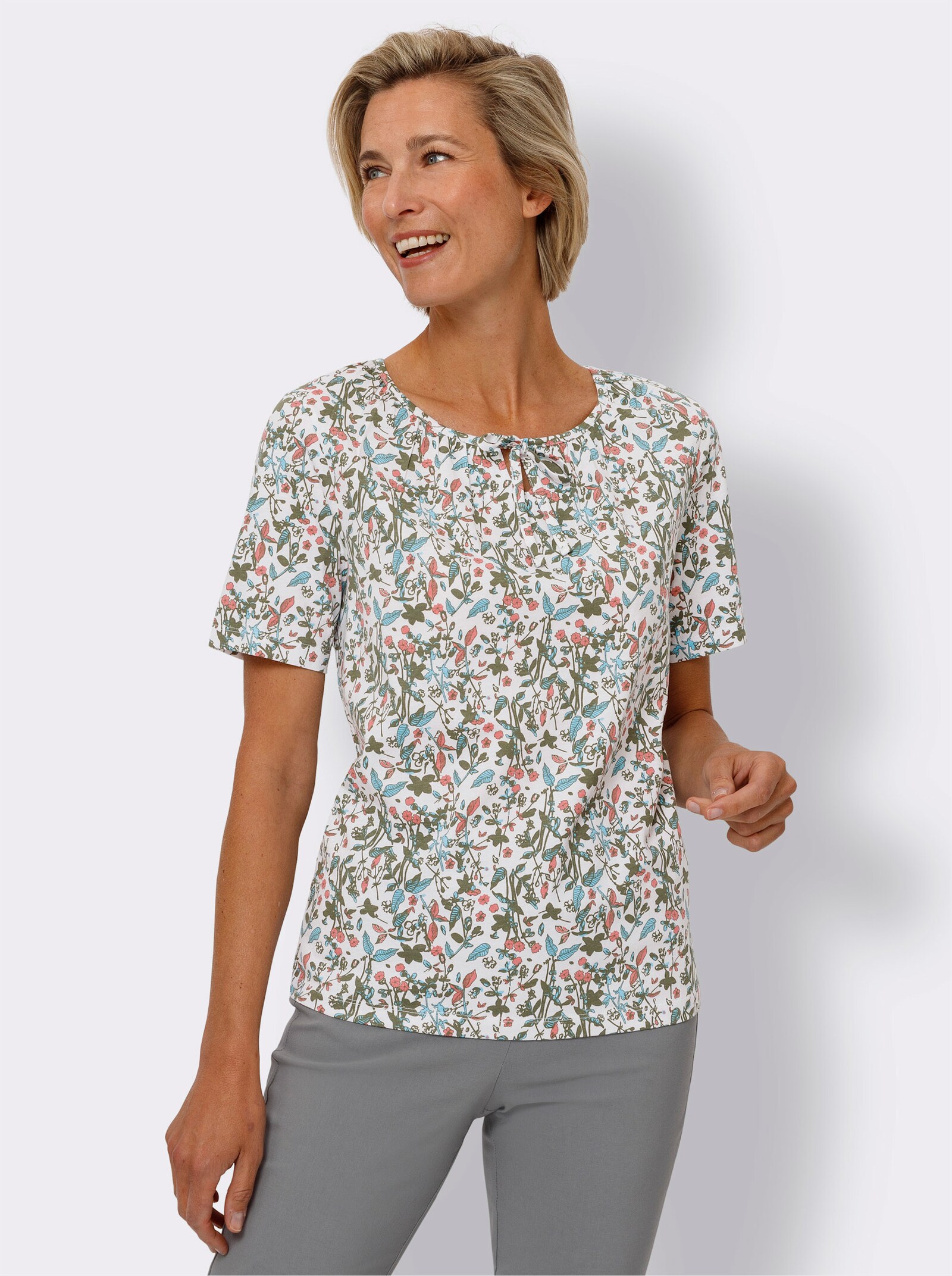 Kurzarmshirt im floralen Dessin - weiß-flamingo-bedruckt