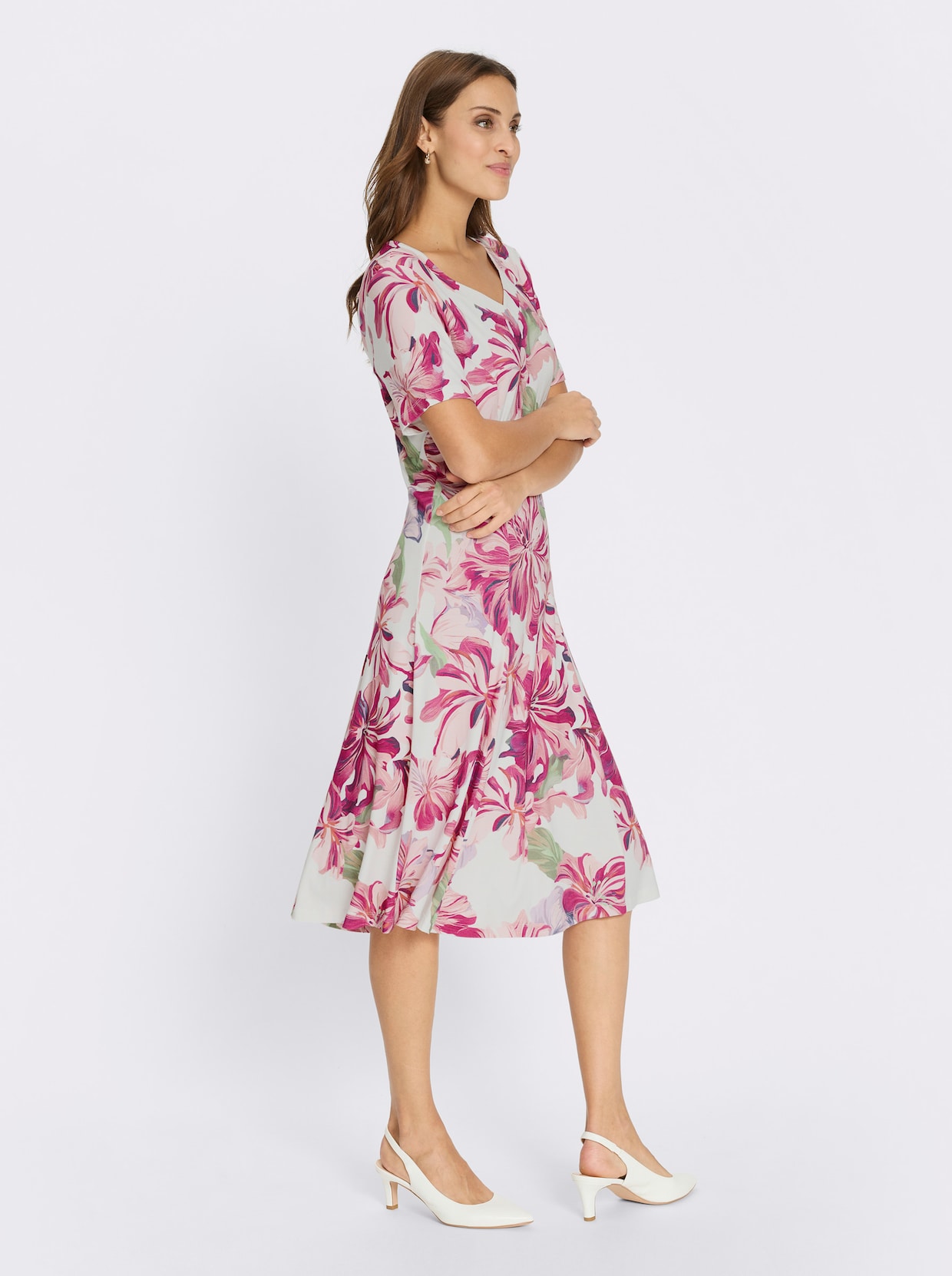 Jerseykleid - ecru-magenta-bedruckt