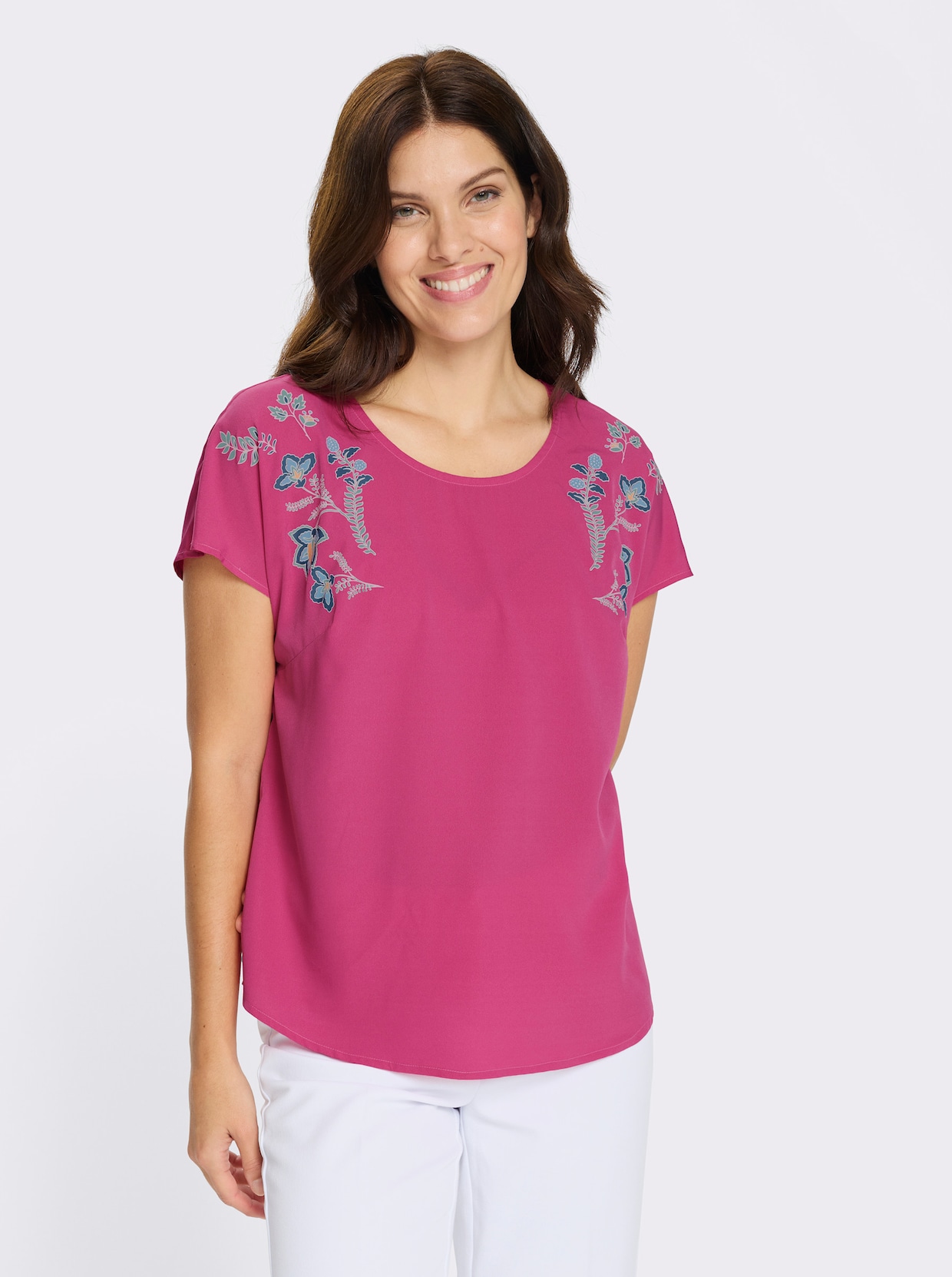 Schlupfbluse mit Blütenprint - fuchsia-jeansblau
