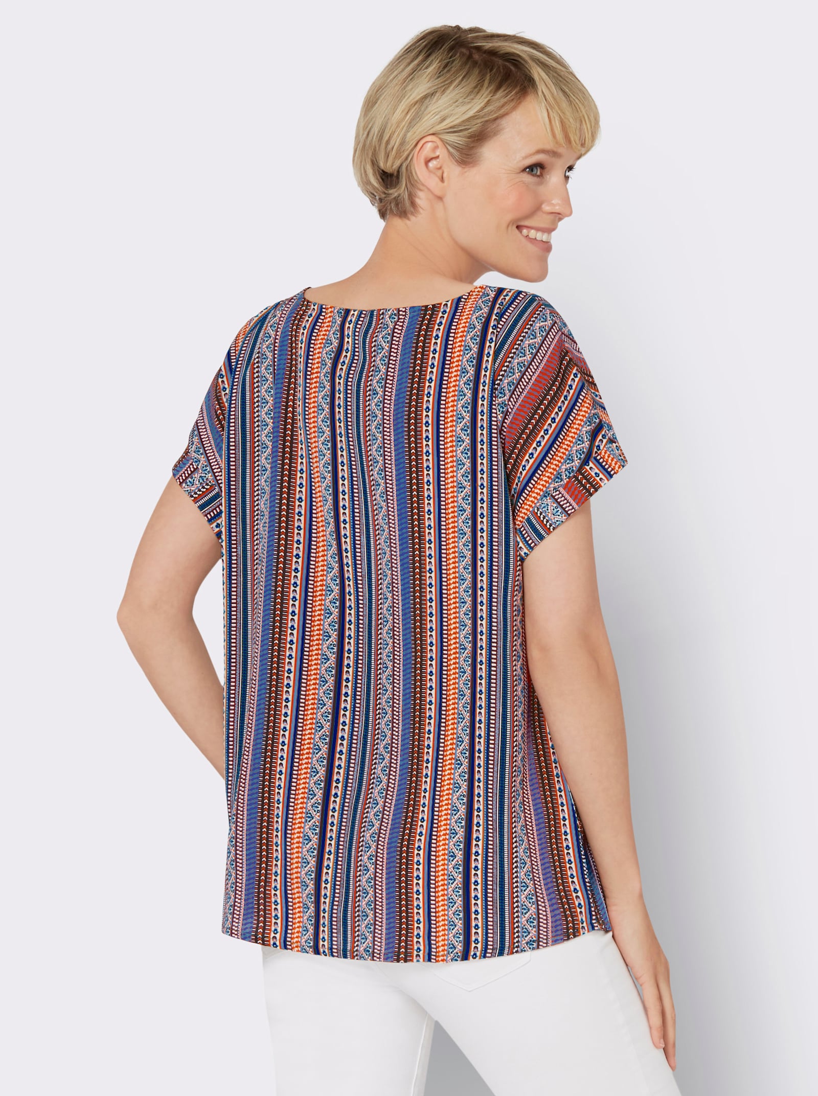 Comfortblouse in etnodessin - aqua/oranje gestreept
