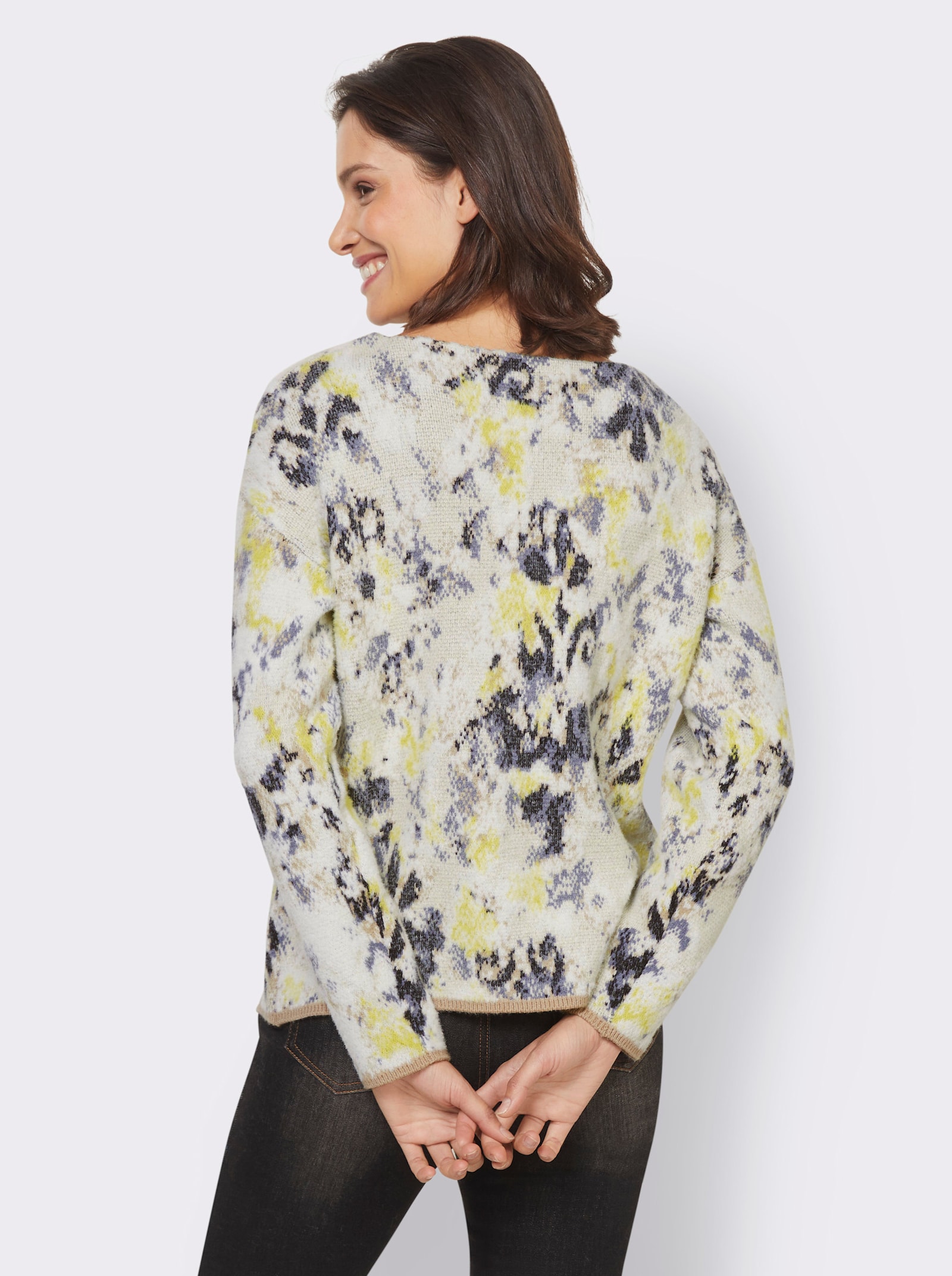 heine Pullover met lange mouwen in zachte materiaalmix - beige/duivenblauw gedessineerd