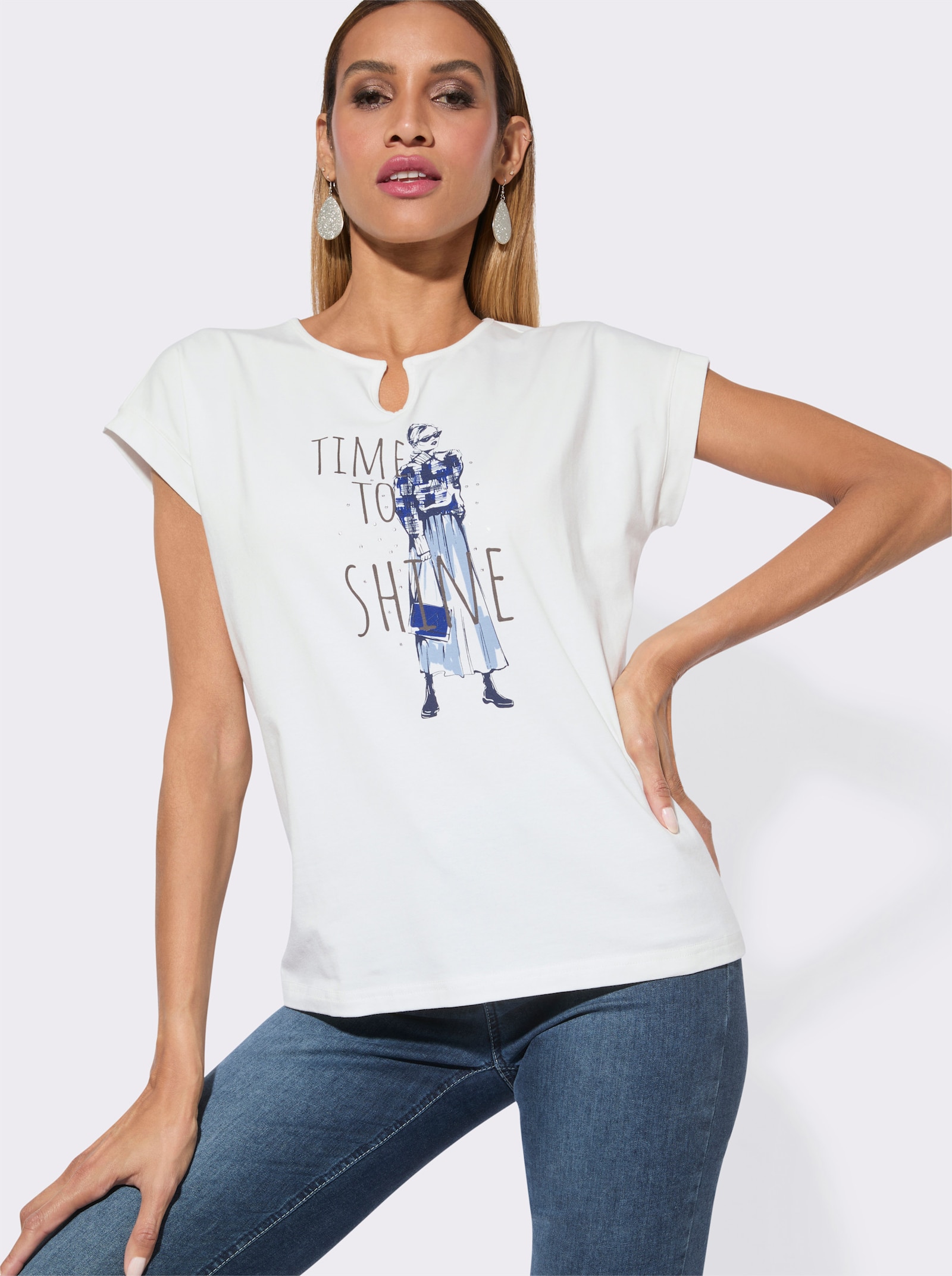Rundhalsshirt mit Druckmuster und Glitzersteinchen - ecru-royalblau-bedruckt