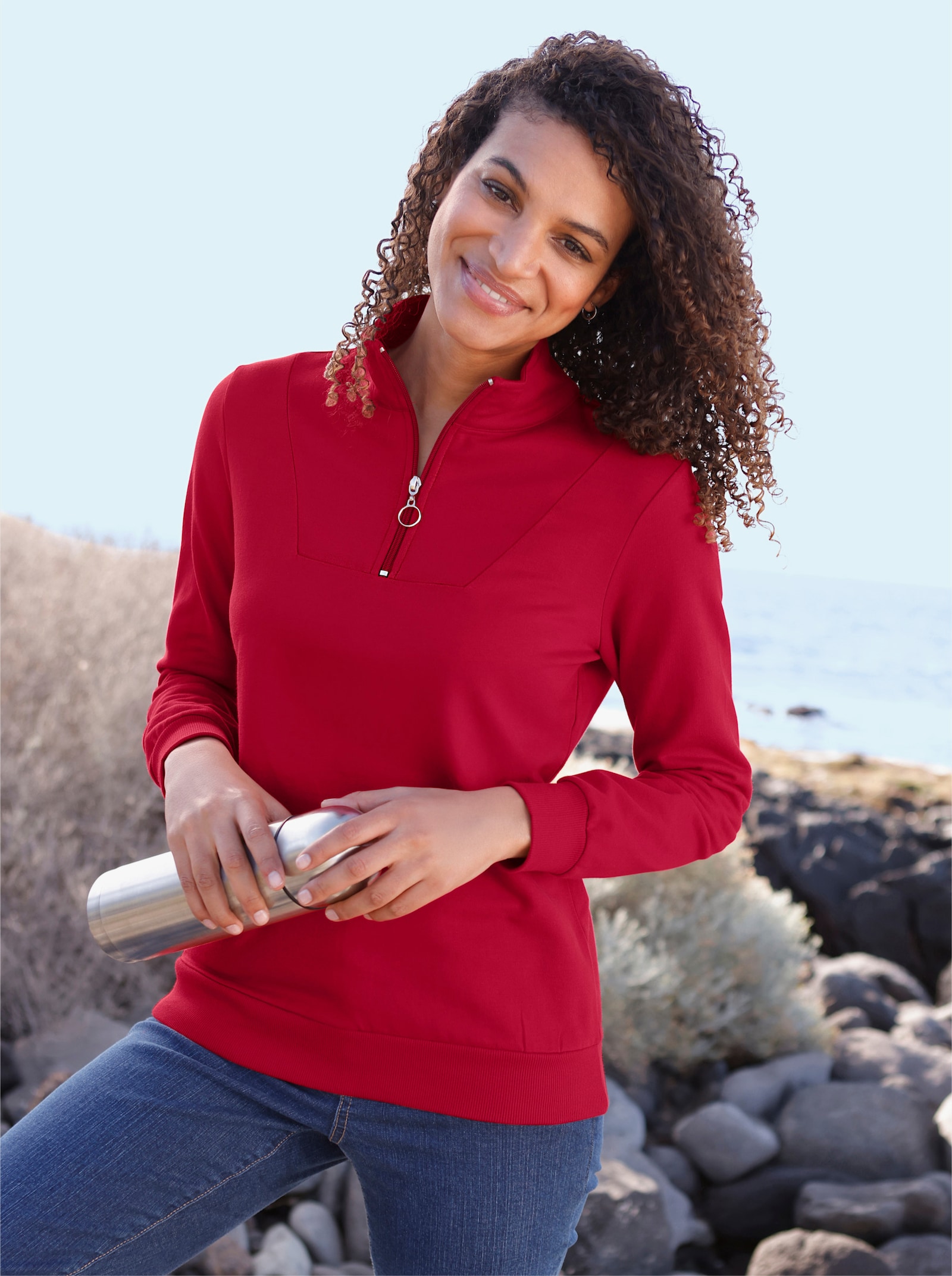 Sweatshirt mit Troyerkragen - rot